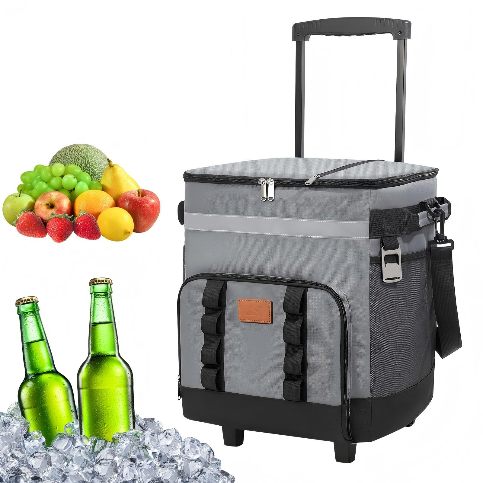 GartWerk Cooler Bag on Wheels, 35L Insulated Picnic Bag with Stable Telescopic Handle and All Terrain Cart, Wheeled Cool Box, 6H Hot Portable Collapsible Food Container for Camping Beach Fishing