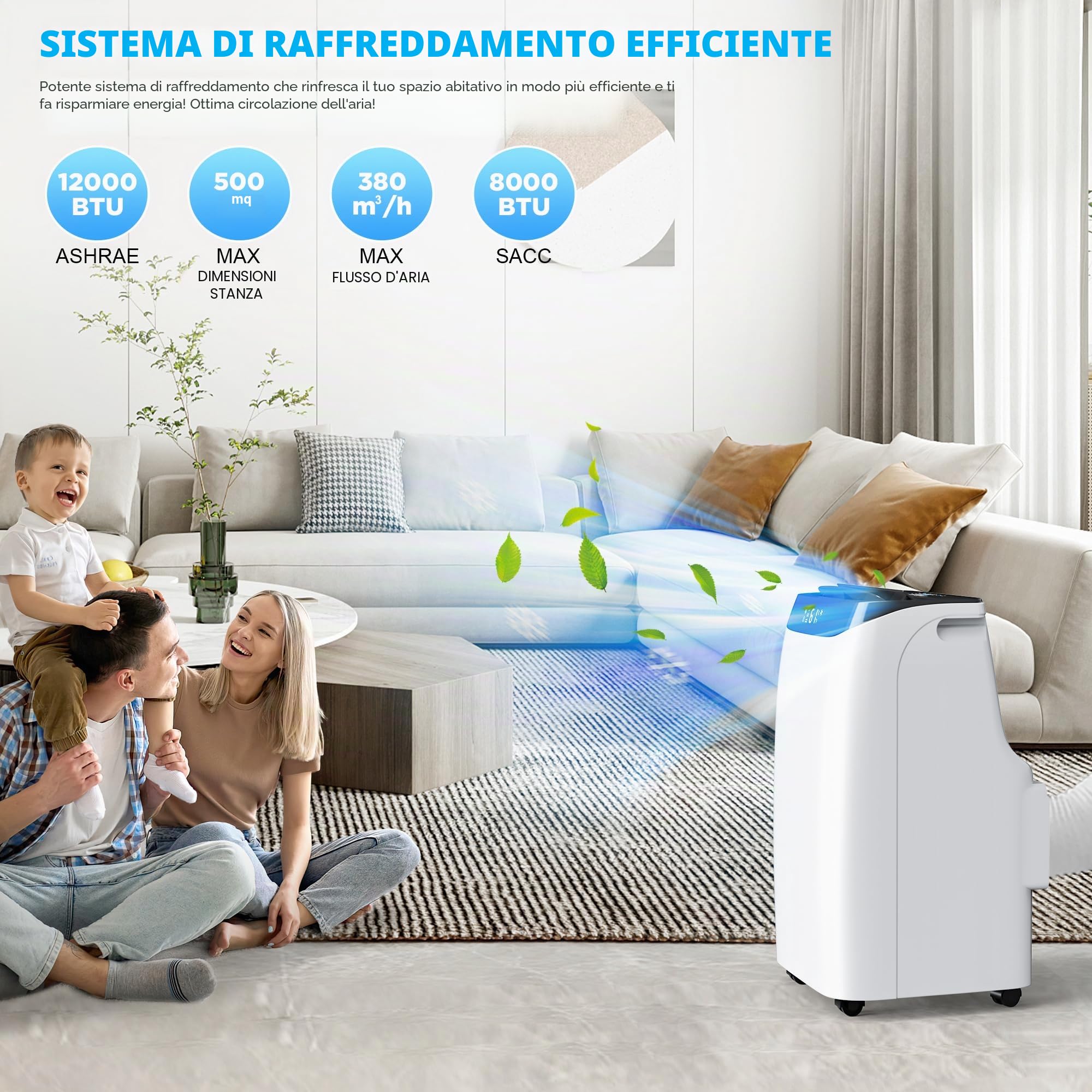 12000 BTU - Condizionatore portatile con telecomando, unità AC 3 in 1 ventilatore e deumidificatore, rinfresca stanza fino a 500 ft², modalità