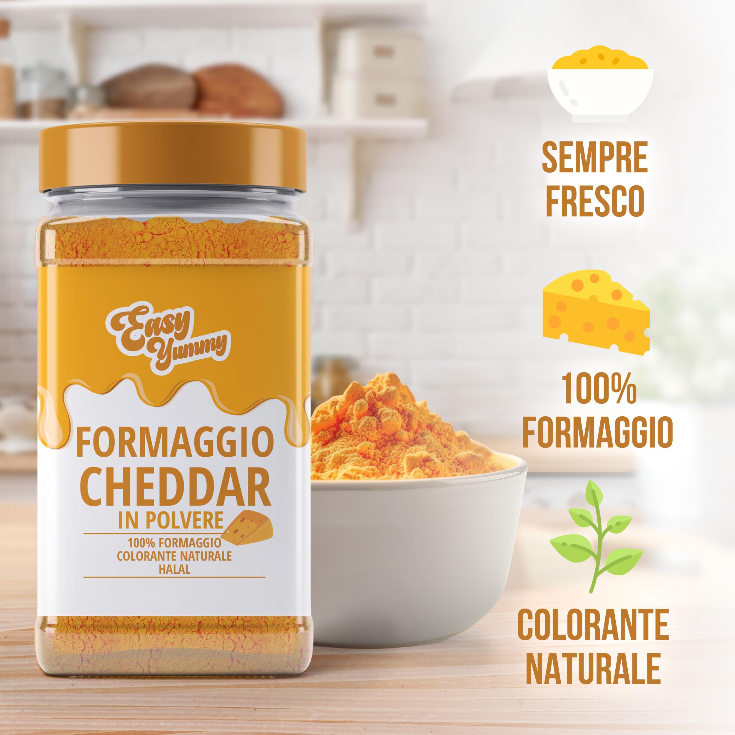 EASY YUMMY - Polvere di Formaggio Cheddar 300 g – Gusto di Formaggio Istantaneo per Piatti & Snack – Sempre Pronto, Senza Frigo – Prodotto in Europa con 100% Formaggio Reale – Colorazione Naturale