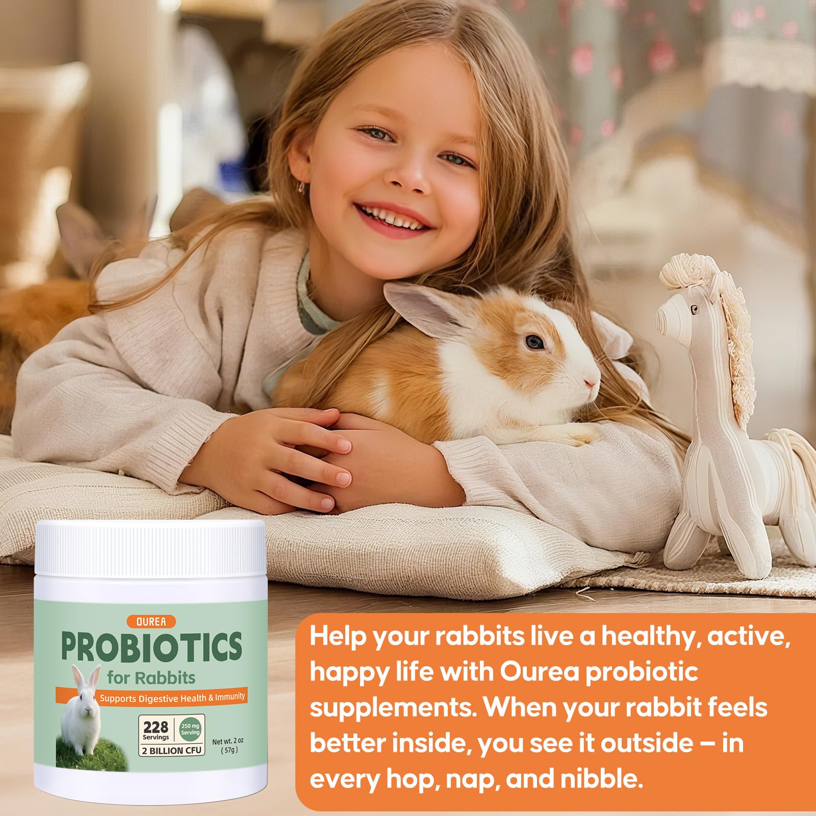 Probiotics for Rabbits, All-Natural Digestive Supplement with 2 Billion CFU, Daily Gut Health Support, Promotes Healthy Stool, Eases GI Discomfort, Immune Support Powder, 228 Servings