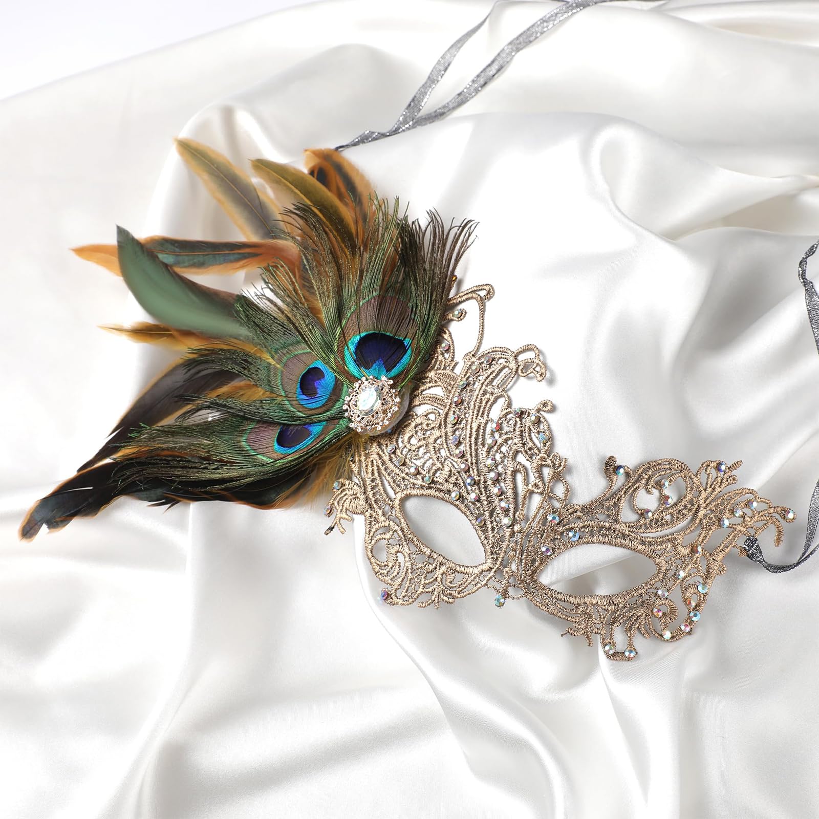 Celblisora Lace Masquerade Masks for Women - 1920s Peacock Feather Venetian Mask for Halloween Couples Mardi Gras Ball - Image 4