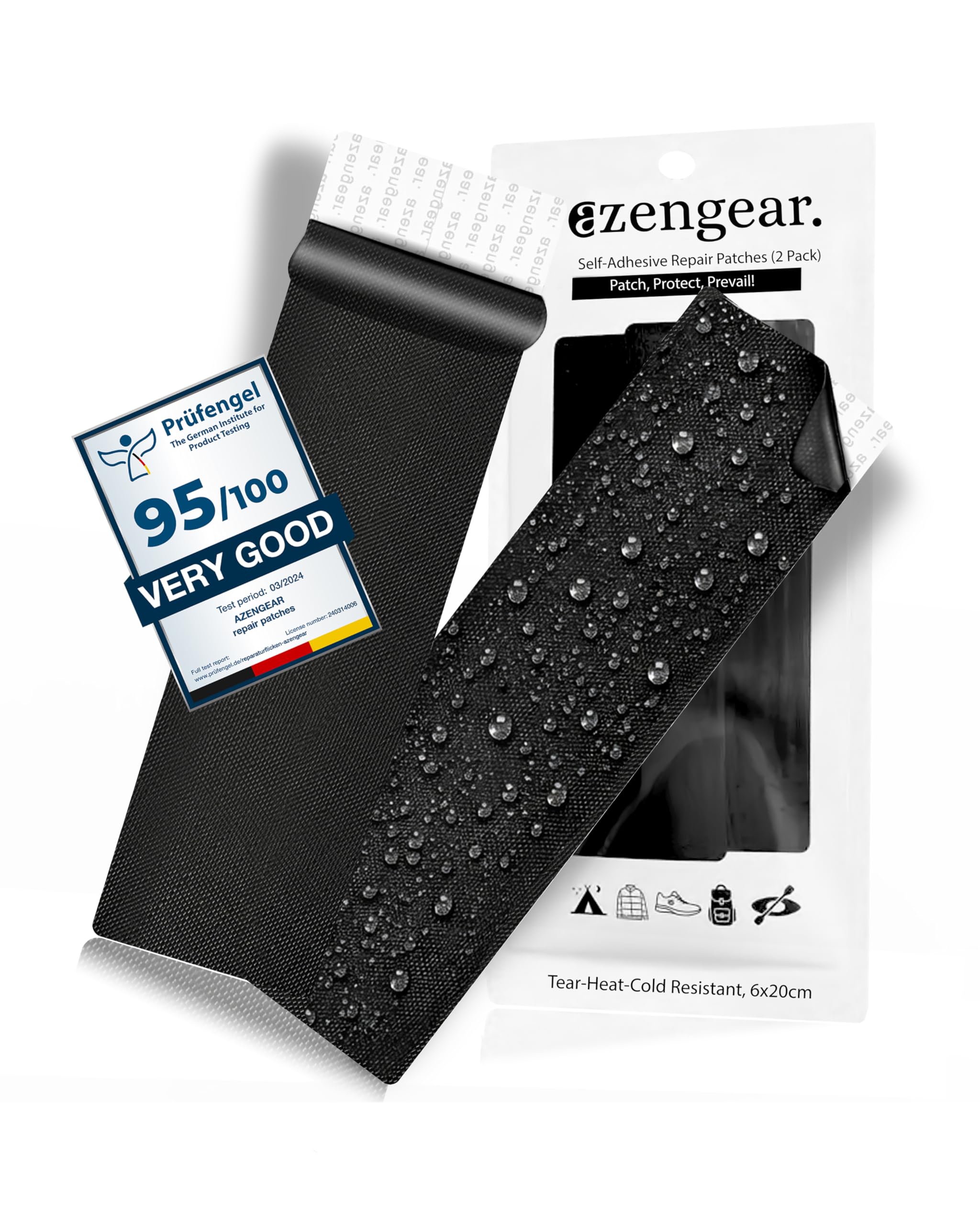 aZengear Repair Patches Waterproof, Self-Adhesive, Tear-Cold-Heat-Resistant Polyester Fabric to Fix Down Jacket, Puffer, Snowsuit, Shoe, Tent, PVC, Clothing, Upholstery (Black (2 Strips))