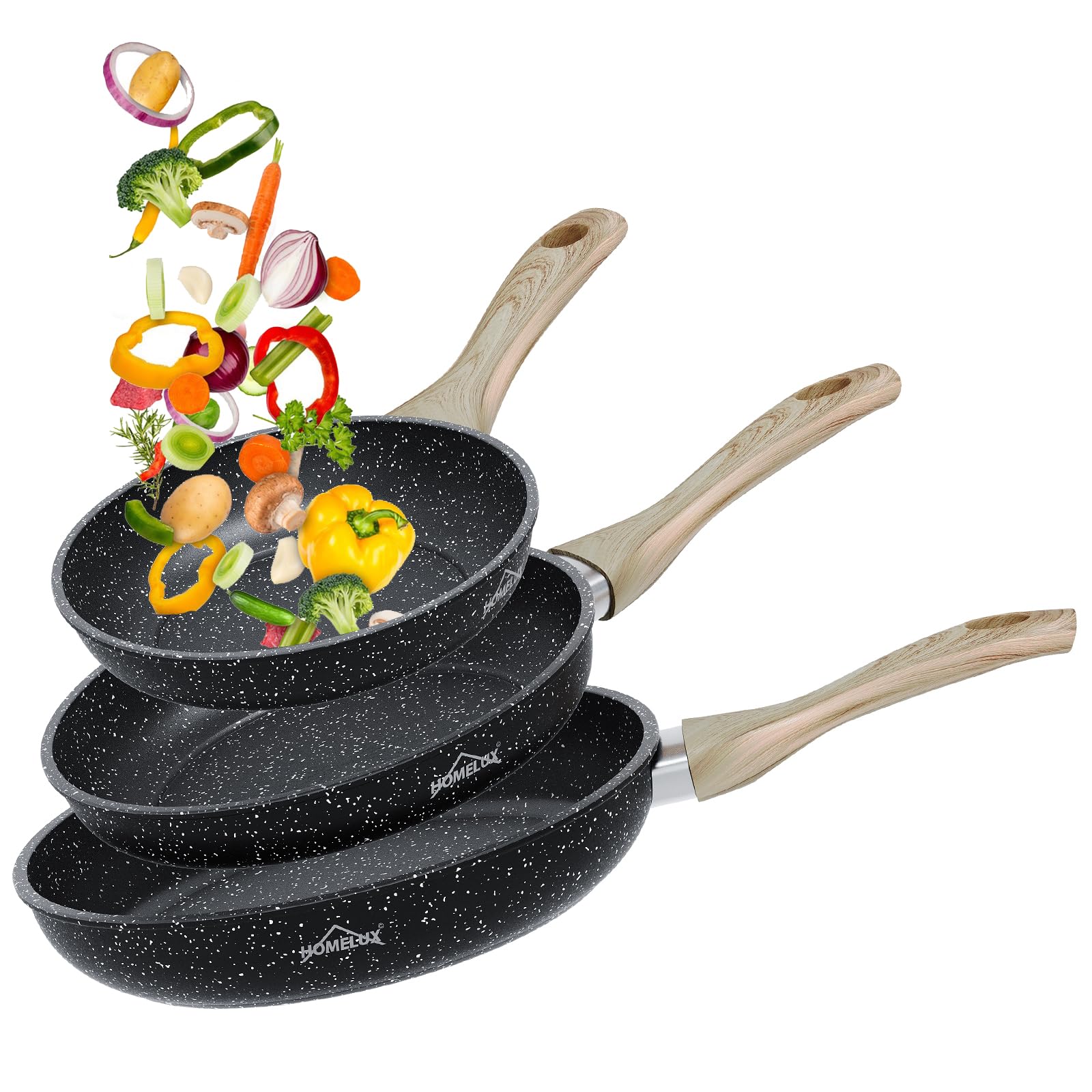 HOMELUX Antihaft Pfannenset 3-teilig Induktion, Bratpfanne 20/24/28cm mit Holzgriff, PFOA & PTFE frei, Kohlenstoffstahl, Universell für alle Herdarten
