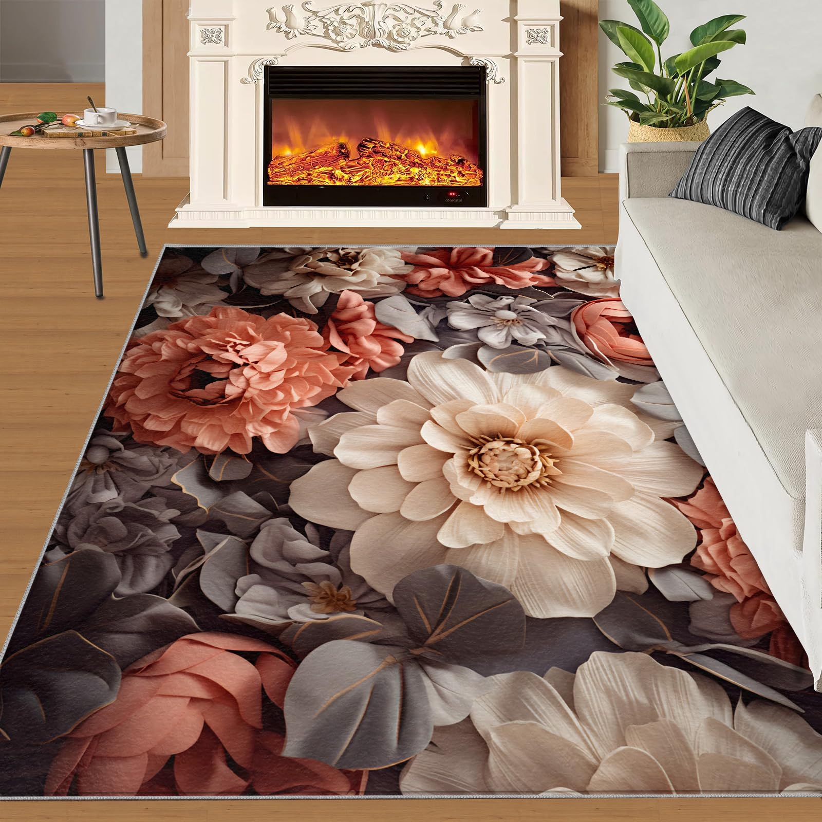 SANSJI Floral Rugs for Girls Bedroom 180x270 cm, Non-Slip Washable Blooming Flower Design Area Rug for Women, Soft Low-Pile Black Colorful Carpet, Botanical Style