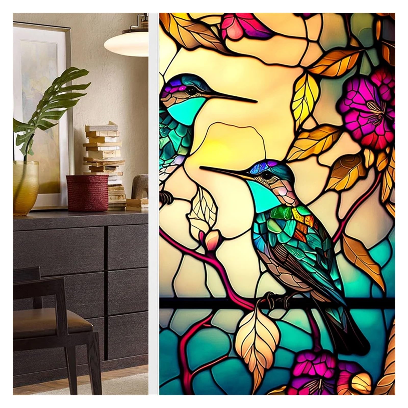 Colorful Retro Flower Bird PVC Electrostatic Glass Stickers Stained Static Cling Frosted Glass Film(Color1)