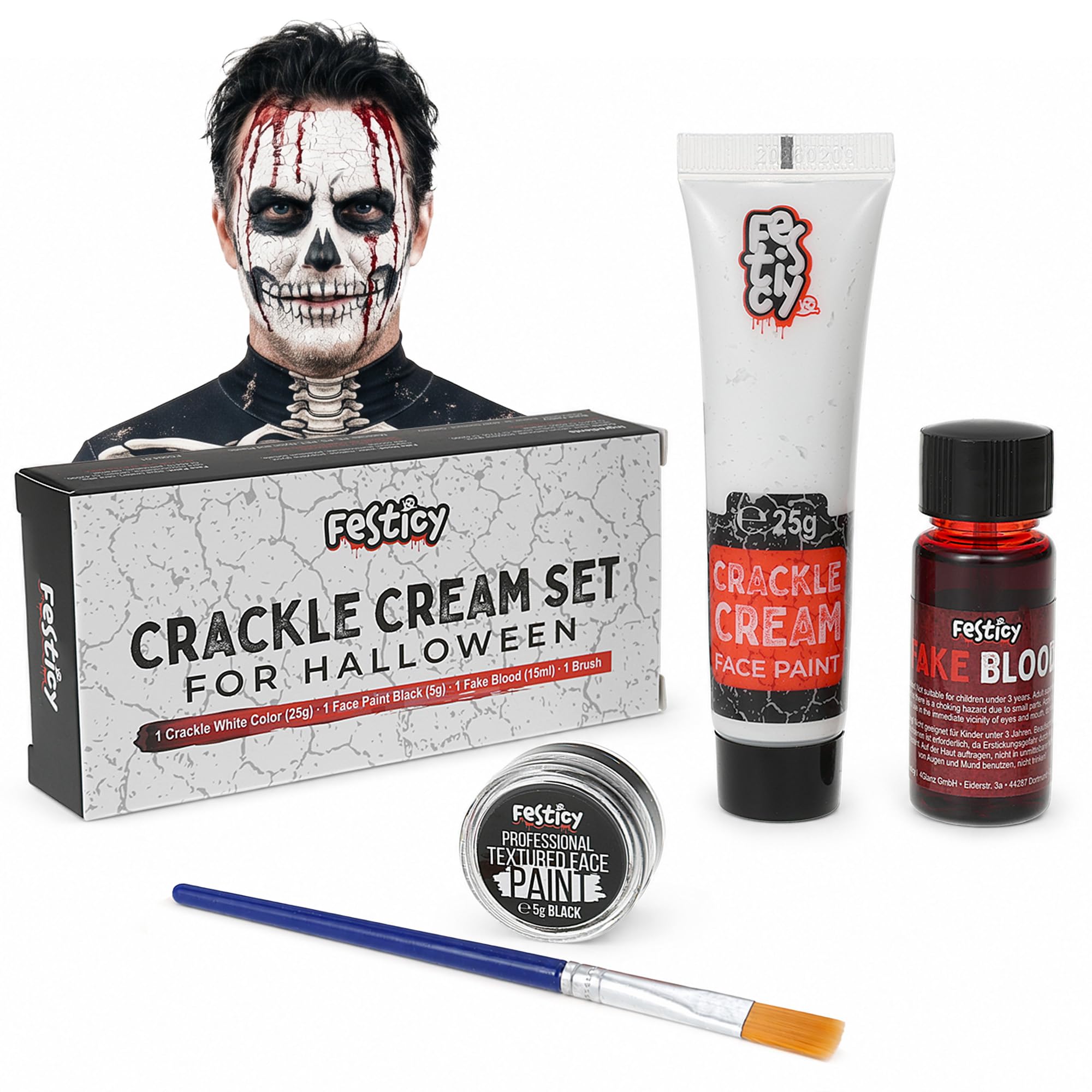 Festicy Crackle Cream Halloween Schminke Set I mit Kunstblut & Pinsel
