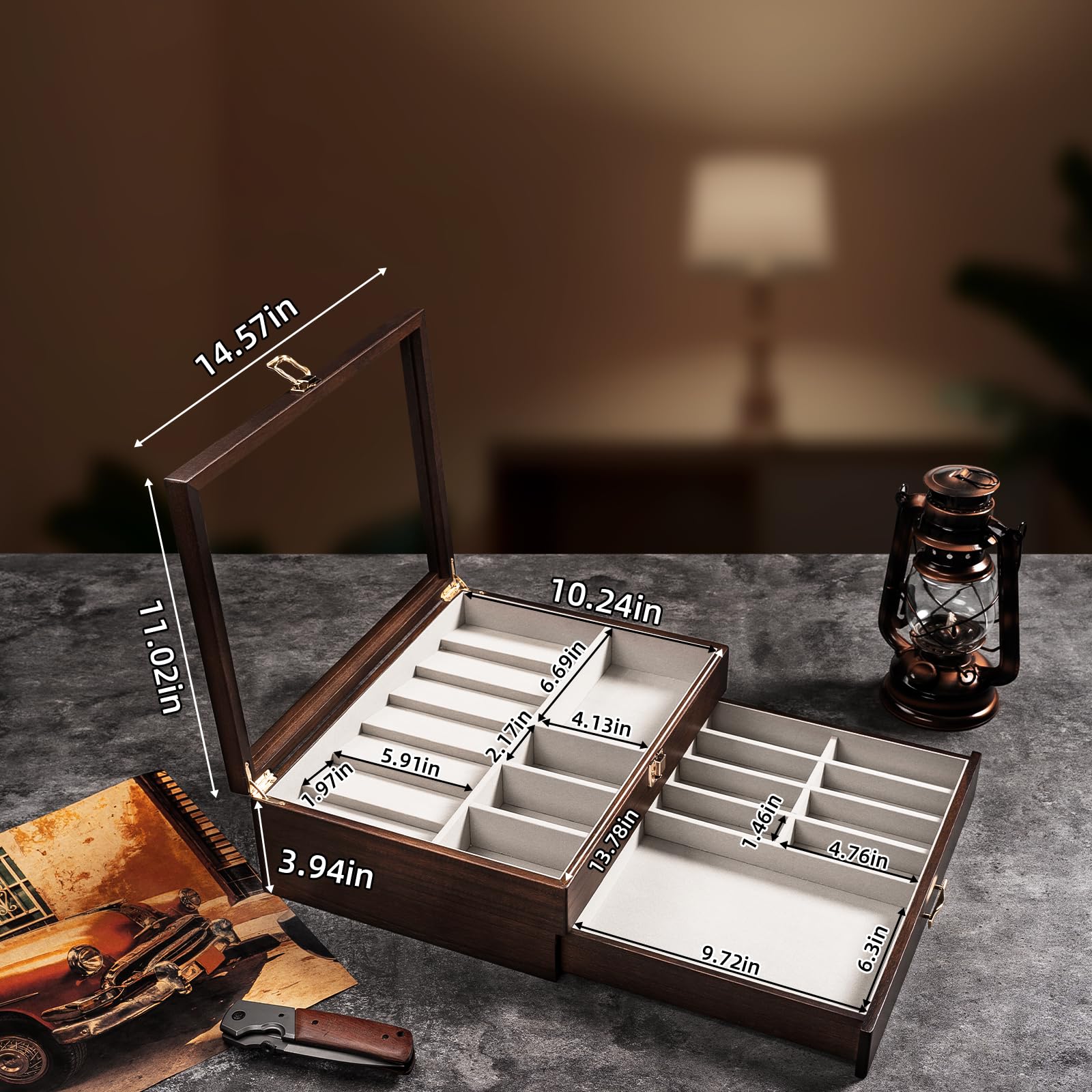 2 Étages Coffret Poignard, Bois Boîte Présentation Poignard pour 17 à 23 Couteaux de Poche, Grande Vitrine à Couteaux avec Vitre Supérieure en Verre Véritable, pour Collection, Cadeau (Noyer)