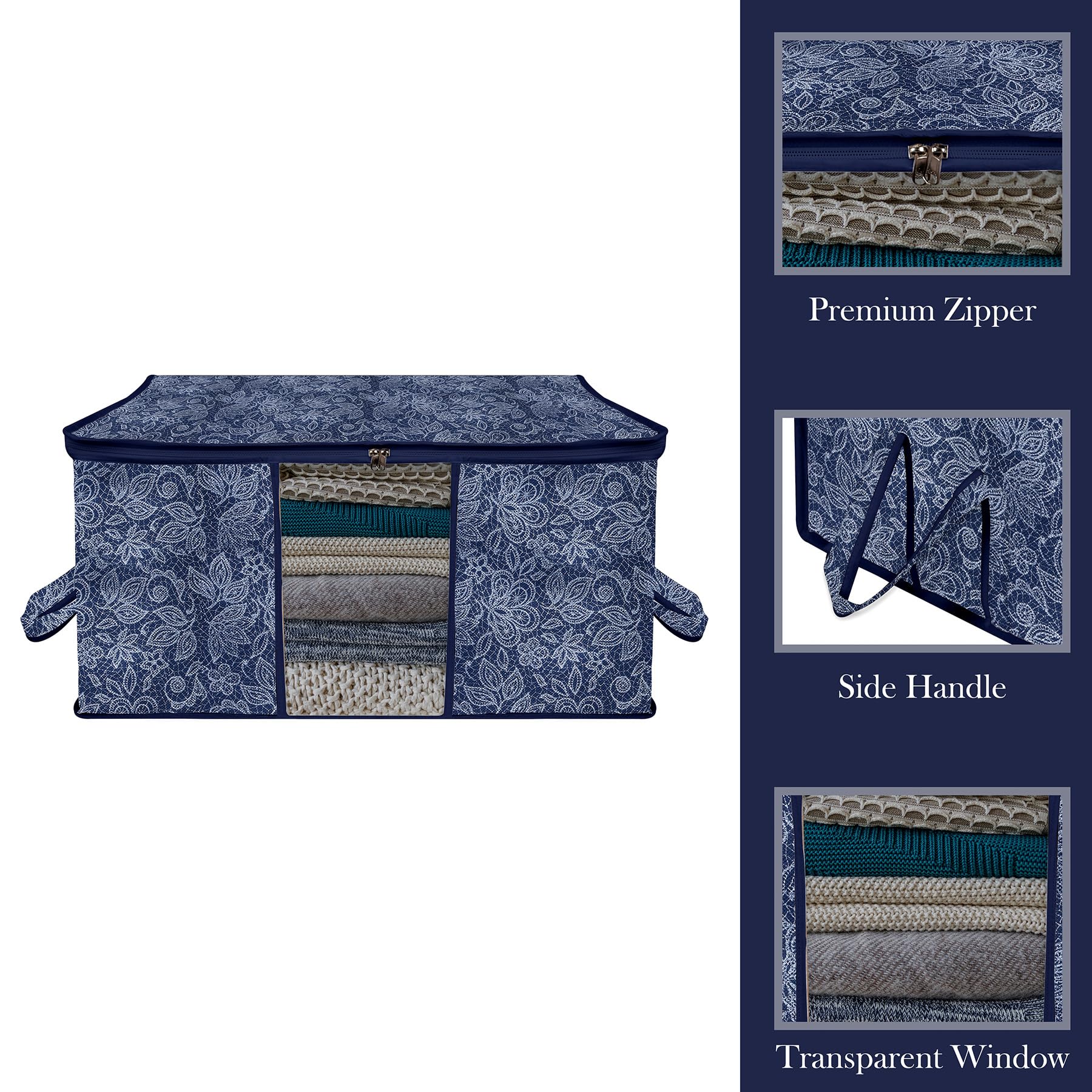 Kuber Industries Unterbett-Aufbewahrungstasche, Kleideraufbewahrung, Organizer, Sichtfenster, Schrank-Organisation mit Griff, Blumendruck-Aufbewahrungstasche, 6 Stück, Marineblau