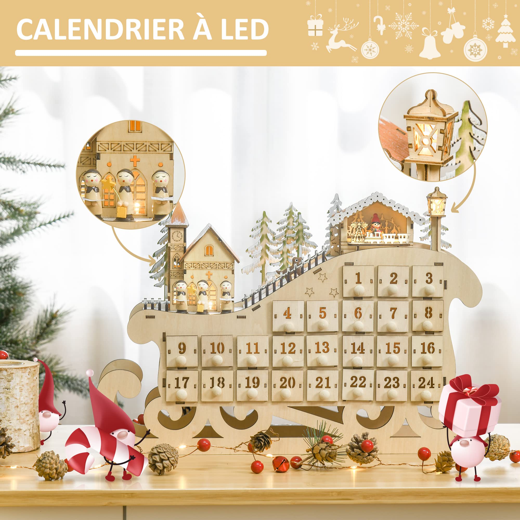HOMCOM Calendrier de l'avent en bois Lumineux Frome de traineau - 10 lumières Blanc Chaud - 24 tiroirs - décoration Lumineuse de Noël