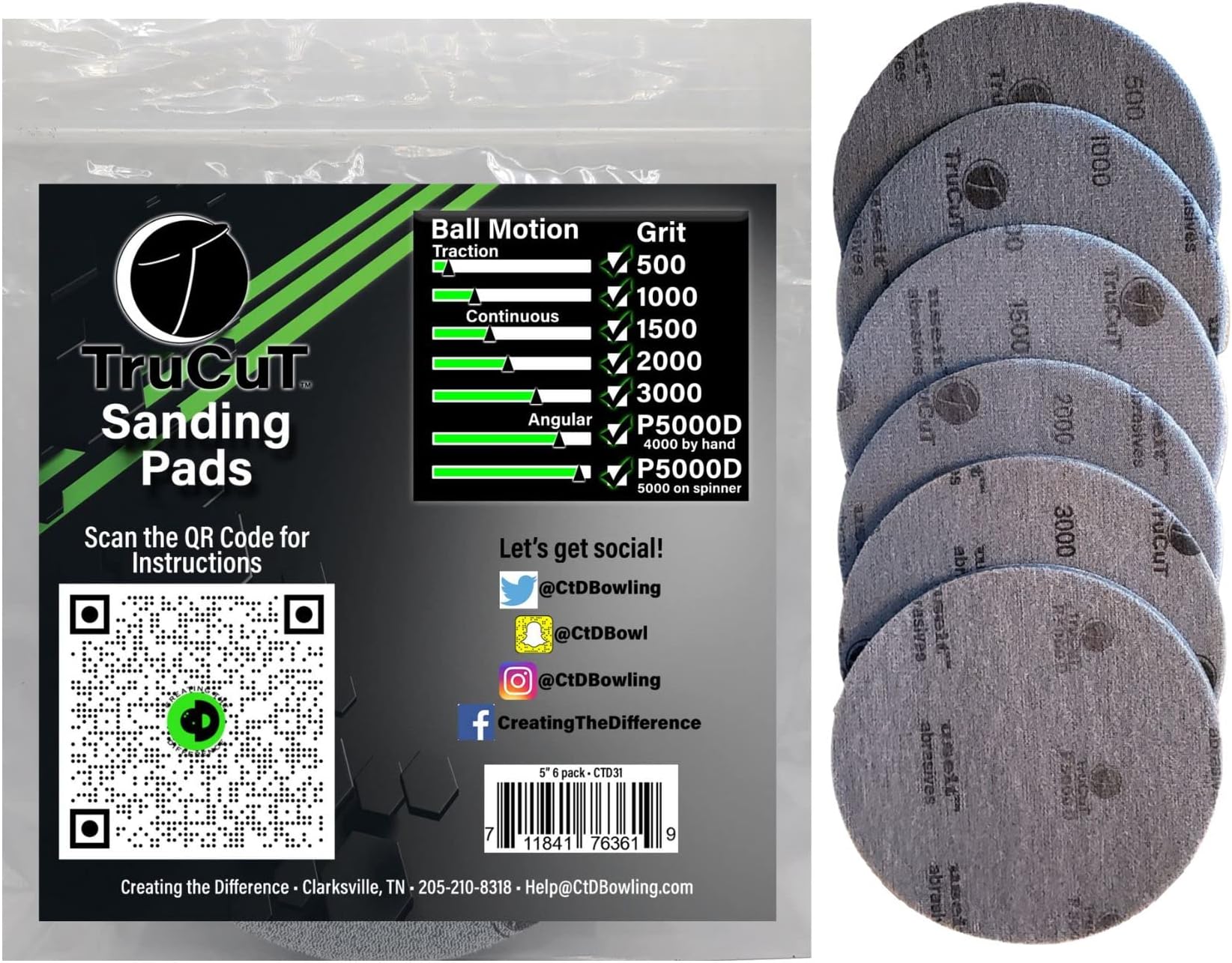 Creating the Difference TruCut Sanding Pads | Made Specifically for Bowling Balls | Resurfacing – Surface Management (6 Pack Variety All Grits, 500,1000, 1500, 2000, 3000,5000-5 inch)