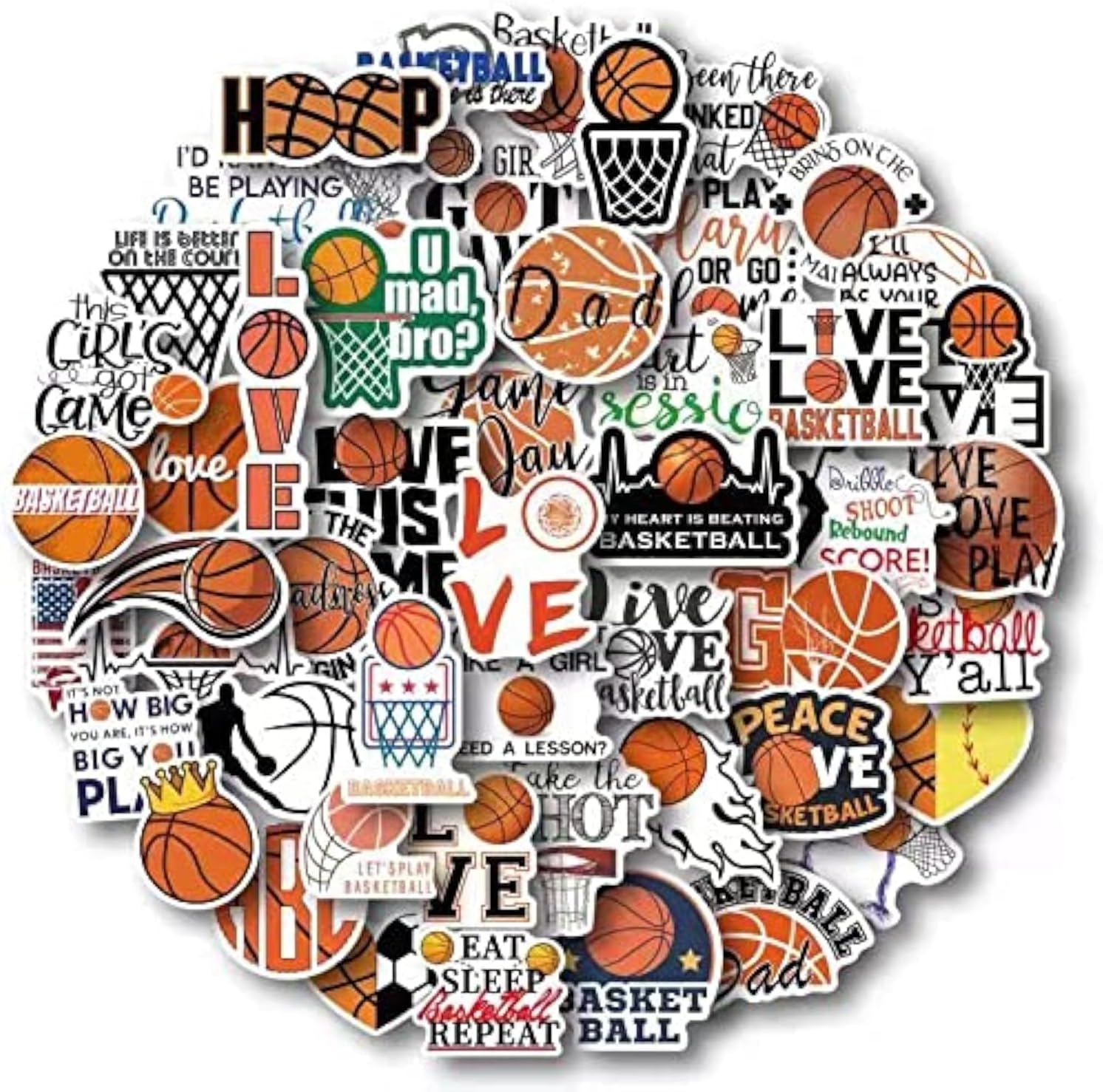 AOWDIAO Basketball Stickers for Water Bottle Cute Basketball Gifts 50 Pieces Sports Stickers for Kids Teens Adults