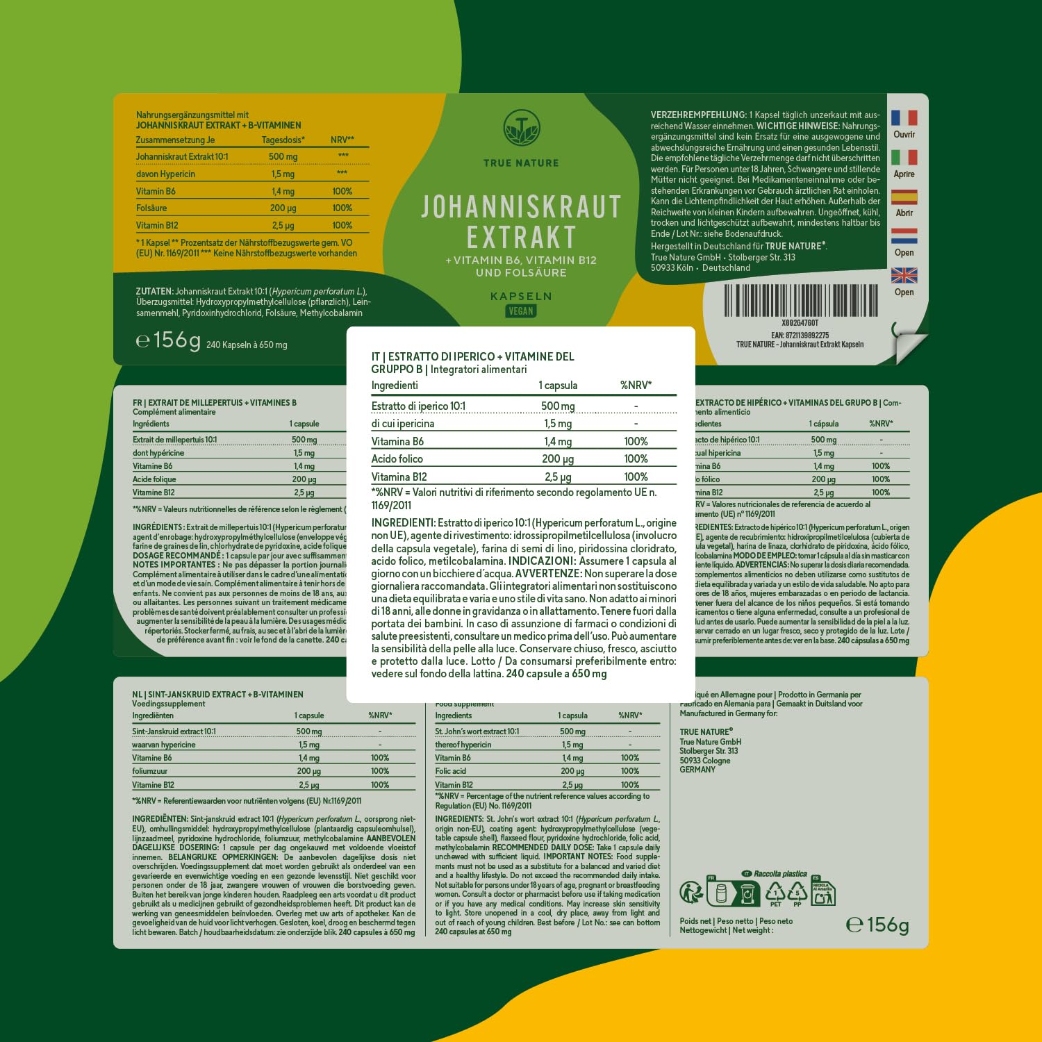 Capsule di iperico ad alto dosaggio - 240 capsule con le vitamine B6, B12 e acido folico - 5000 mg di iperico per capsula (estratto 10:1) - ipericina & iperforina - Prodotto in Germania - TRUE NATURE