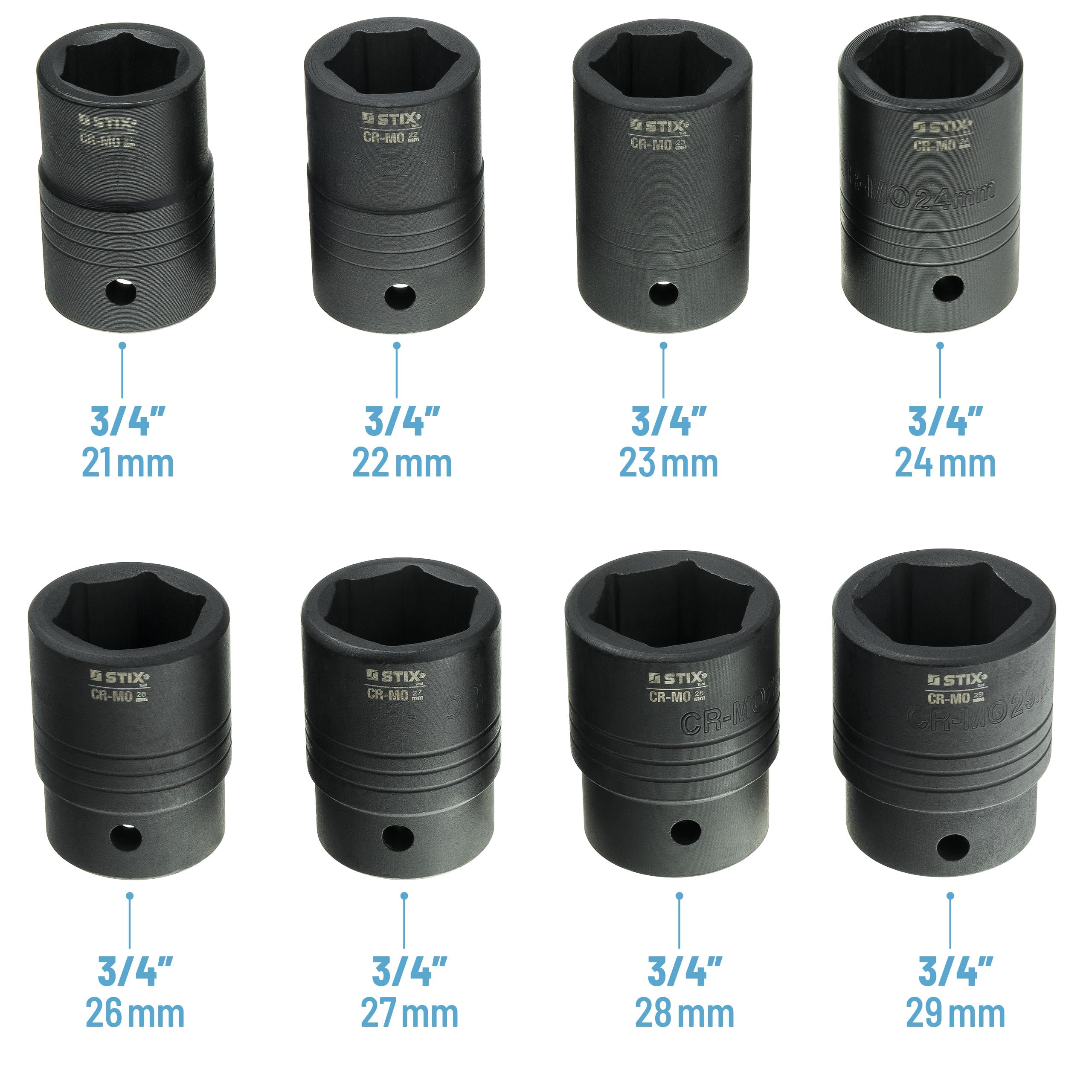 STIX Juego de 26 llaves de vaso de 3/4" y 1" CR-MO – Tuercas largas 21-65 mm para llave de impacto, incluye accesorios y maletín robusto para profesionales