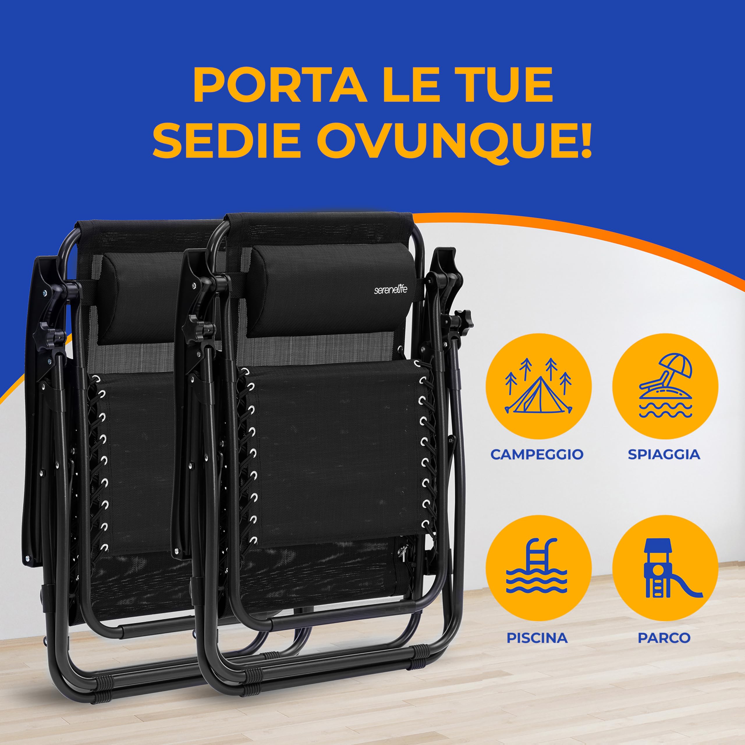 SereneLife Set 2 Sedie da Giardino Reclinabili, Sdraio Regolabili con Vassoio, Portabicchieri, Cuscino, Pieghevoli per Esterni, Terrazza, Piscina, Spiaggia