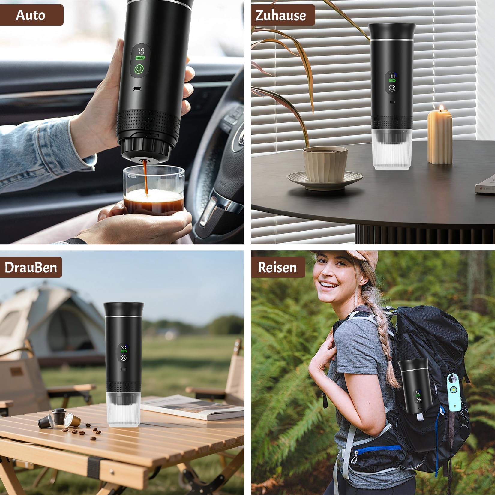 Cafetera espresso portátil 3 en 1, mini cafetera de viaje | Con Type-C, cafetera de viaje compatible con cápsulas y café molido, cafetera To Go para coche, oficina, camping