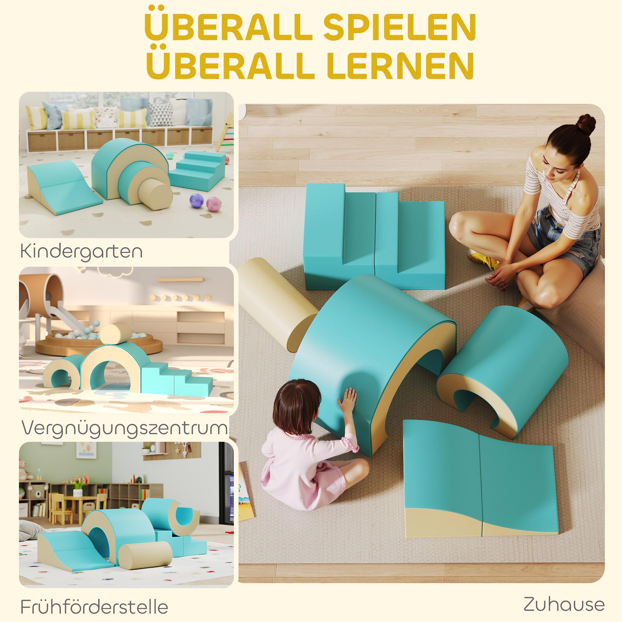 AIYAPLAY Schaumstoff Bausteine Kinder 5 TLG. Klettern Softbausteine Riesenbausteine Großbausteine Bauklötze Bausteinset Kunstleder Sand+Grün