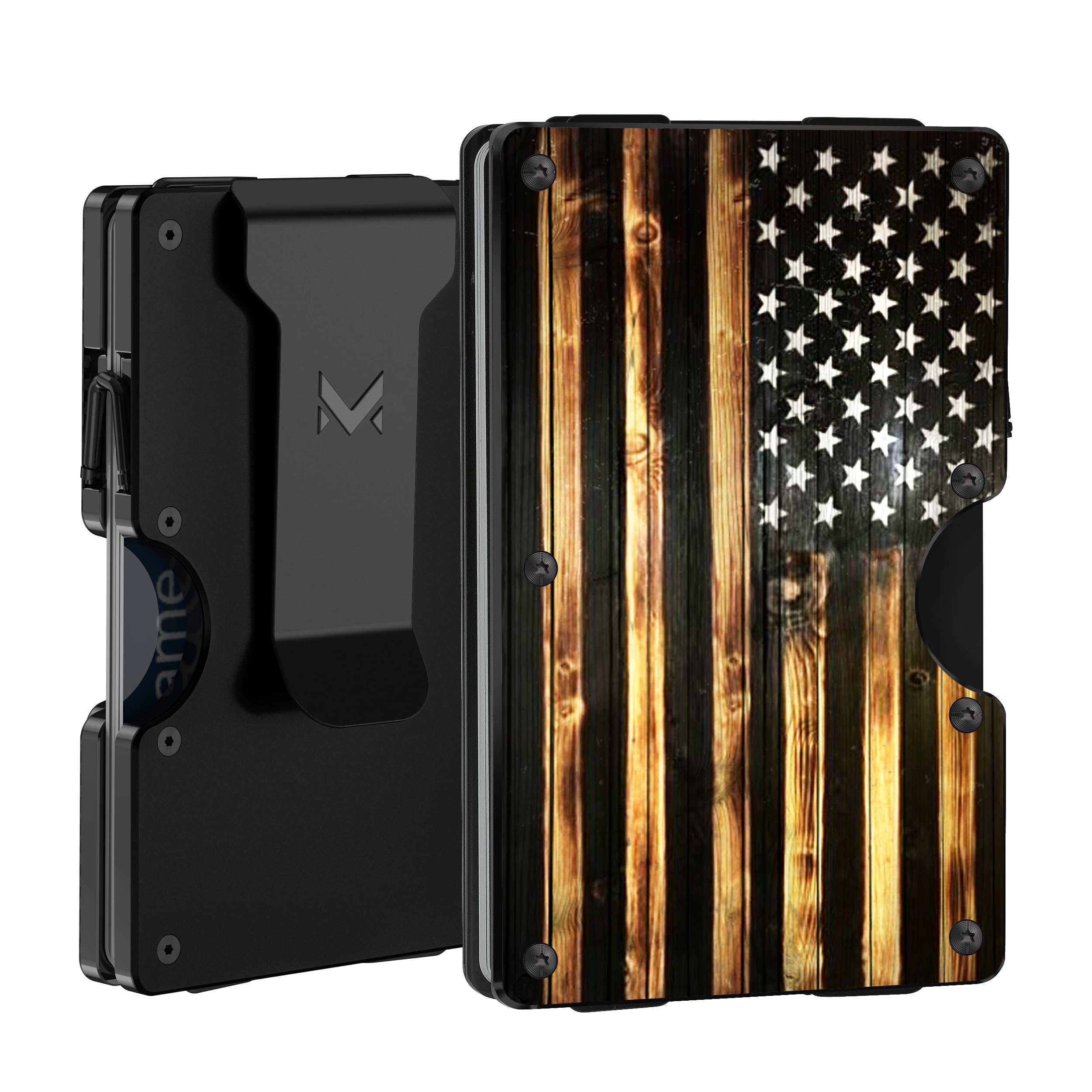 Minimalist Aluminum Wallet for Men, Slim RFID Blocking Money Clip, Front Pocket Metal Card Holder for Business Travel, Wood Grain American Flag,