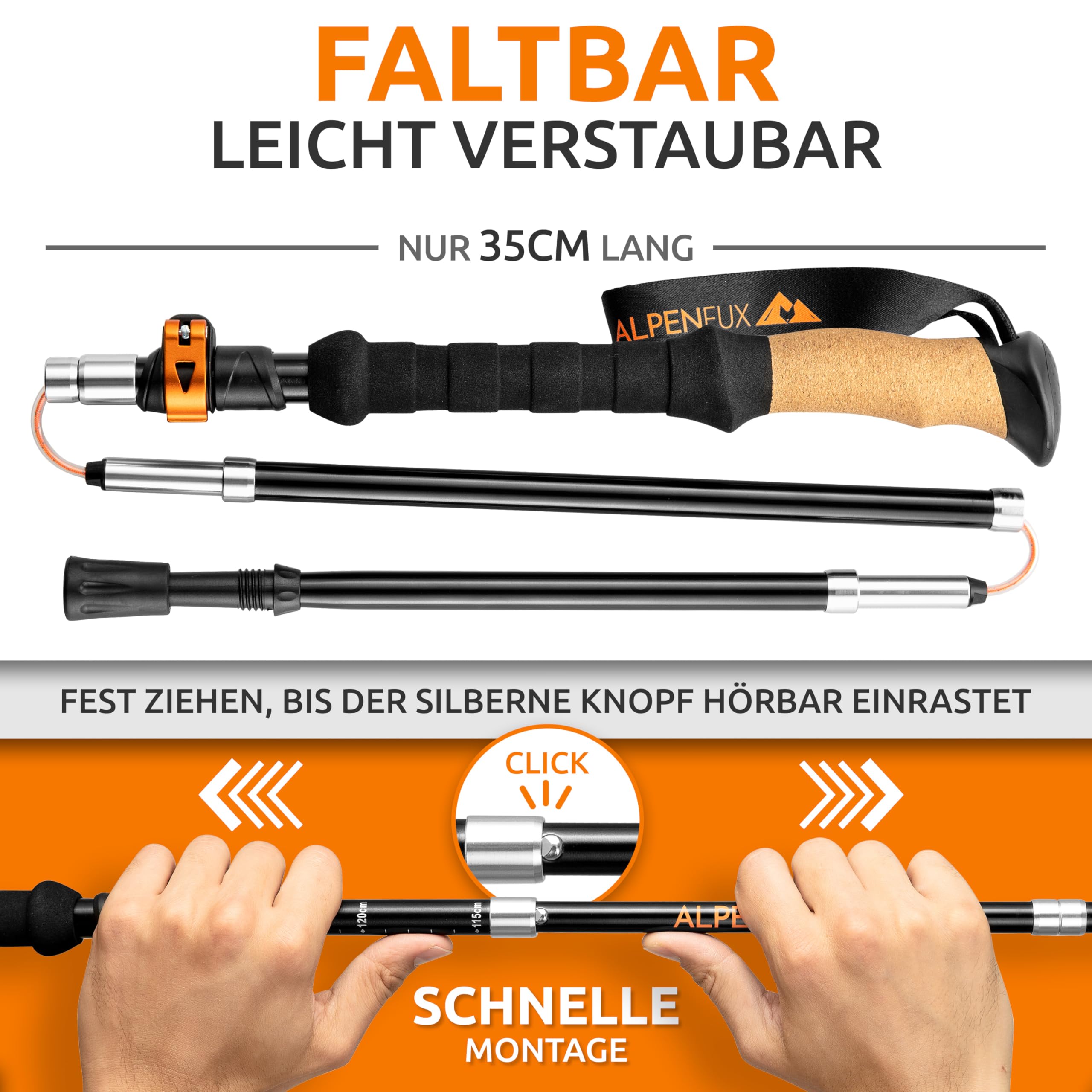 ALPENFUX Wanderstöcke faltbar, Trekkingstöcke, Nordic Walking Stöcke, leicht und verstellbar mit Klemmverschluss und Korkgriff für Damen und Herren, schwarz, orange