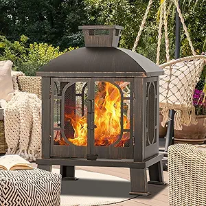 45" H×31''W Metal Chiminea Fire Pit with Grill, Wood Burning Fire Pits for Outside,Square Chimineas Fireplace with Mesh Spark Screen Door& Fire Poker for Garden,Yard,BBQ,Bonfire (Black&Gold)