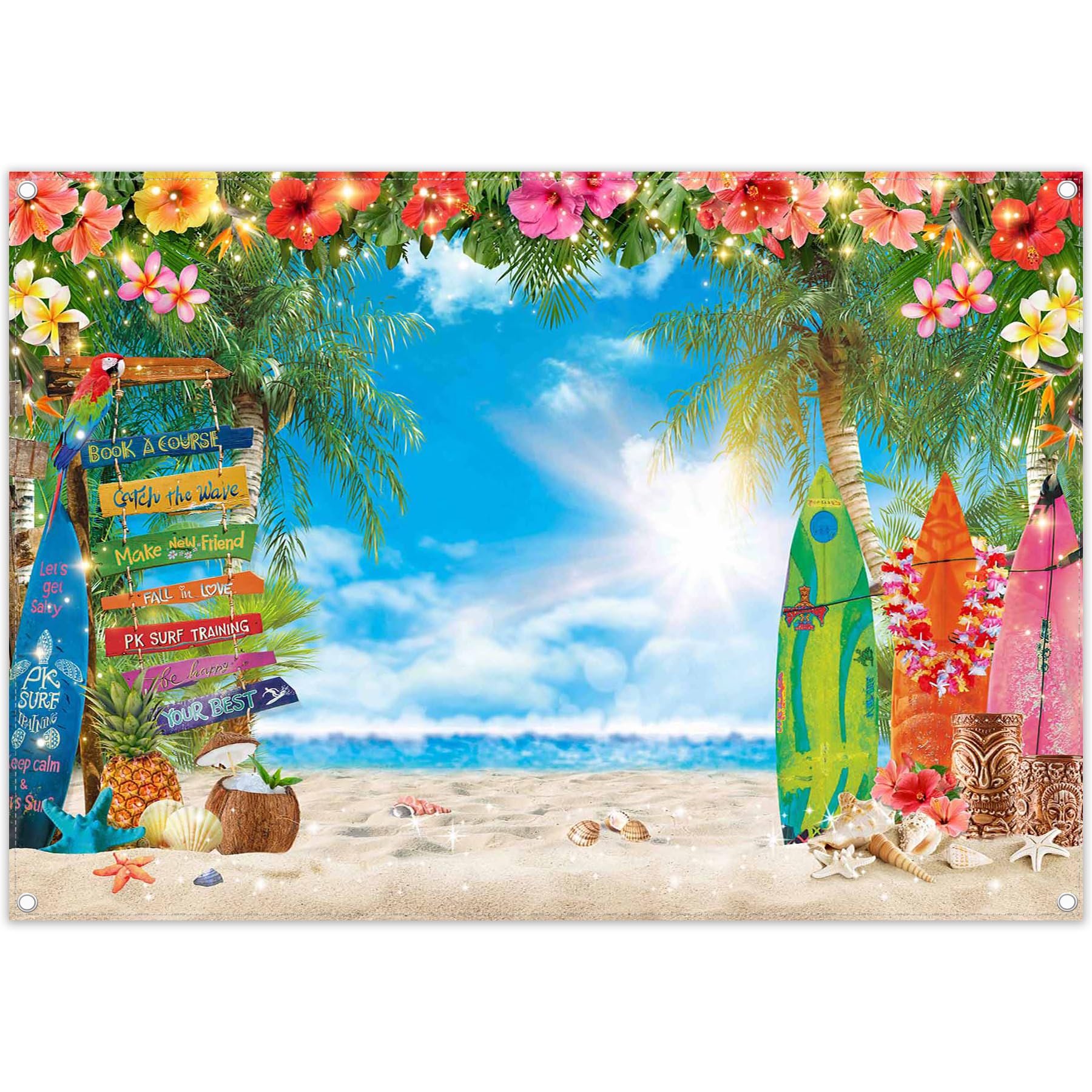 Luminora 2,1x1,5 m Letnie Hawaje Plaża Słońce Tropikalne Tło Aloha | Tkanina poliestrowa, Liście palmowe Deska surfingowa Tło, Dzieci Rodzina Impreza, Dekoracje Baner, Fotobudka Plenerowa