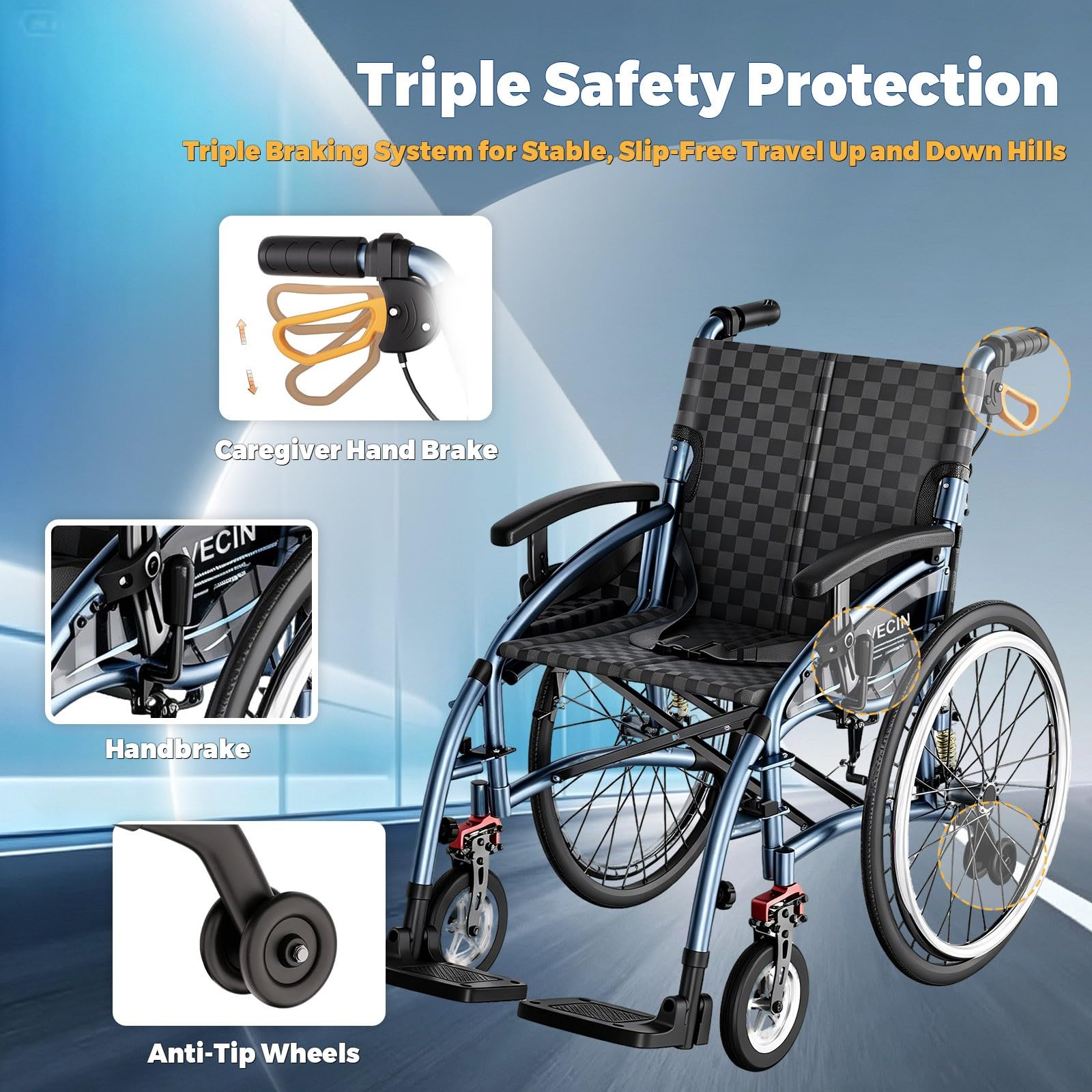 Silla de Ruedas Plegable Ligera, Doble Freno, Reposapiés Extraíbles