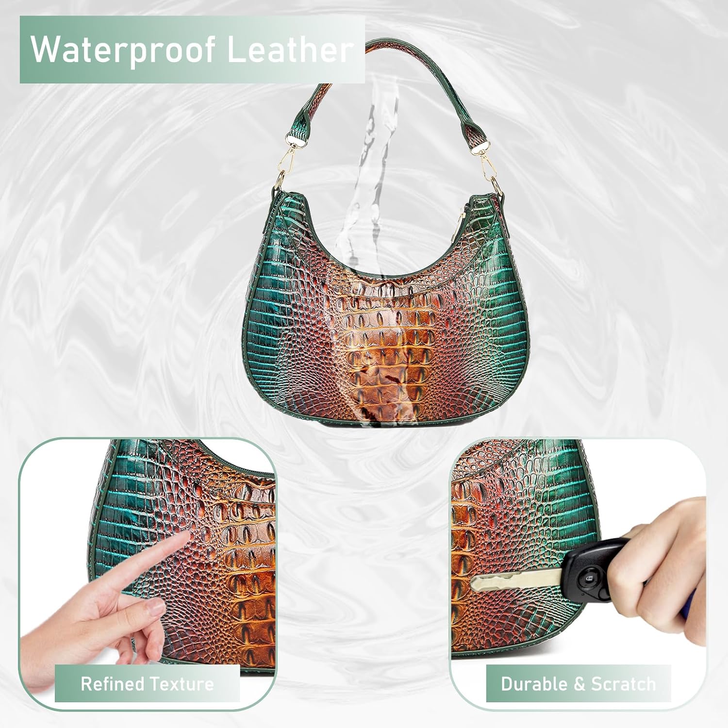 Crocodile Hobo Bag for Women,Vintage Crescent Shoulder Purse in Vegan Leather, Soft Chic Clutch Handbag for Daily Outfits - Image 6