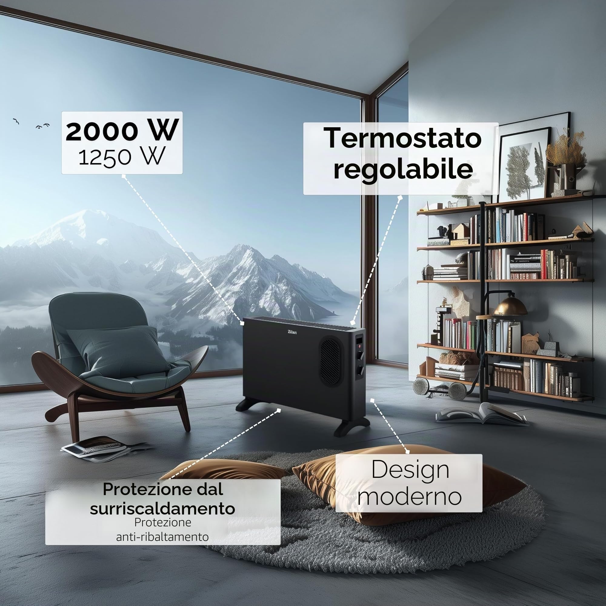 Termoconvettore elettrico con termoventilatore – Riscaldamento elettrico con ventilatore – Termoventilatore commutabile separatamente – Risparmio energetico silenzioso – Riscaldamento a convettore