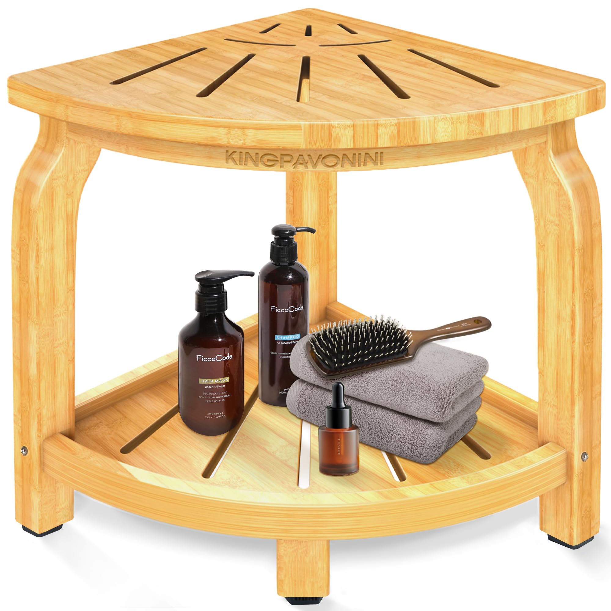 Photo 1 of *MISSING PARTS - see clerk notes*
KingPavonini Bamboo Corner Shower Stool for Shaving Legs Foot Rest, Waterproof Bath Bench Seat with Storage Shelf for Bathroom Inside Shower, Hold Up to 450Lbs