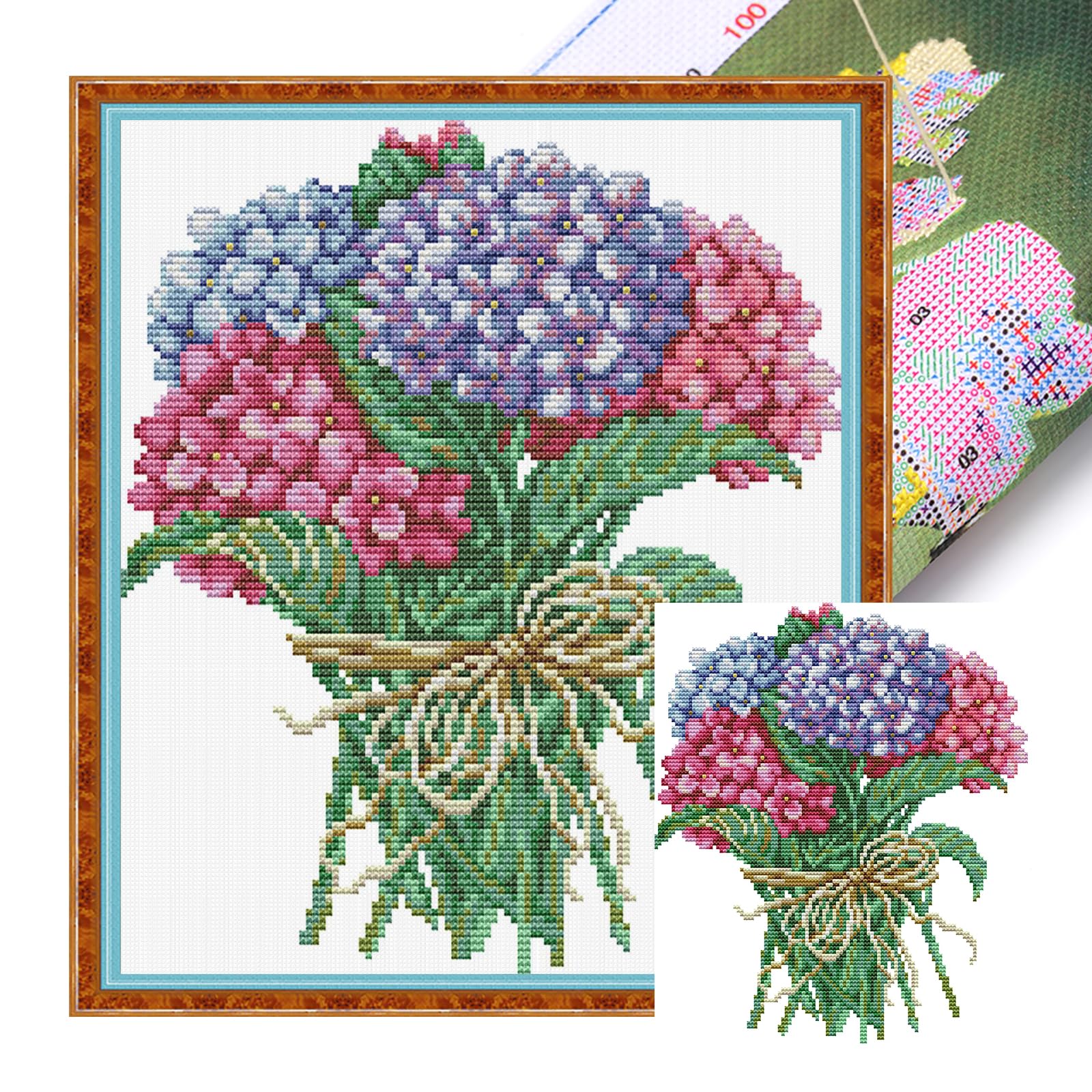 Poetrydraw Ha321 Hydrangea Bouquet Partial 14Ct Diy Stamped Cross Stitch Kits 27X29cm Embroidery Needlepoint Starter Kits For Beginners Adults Home Decor Gifts (Ha321)