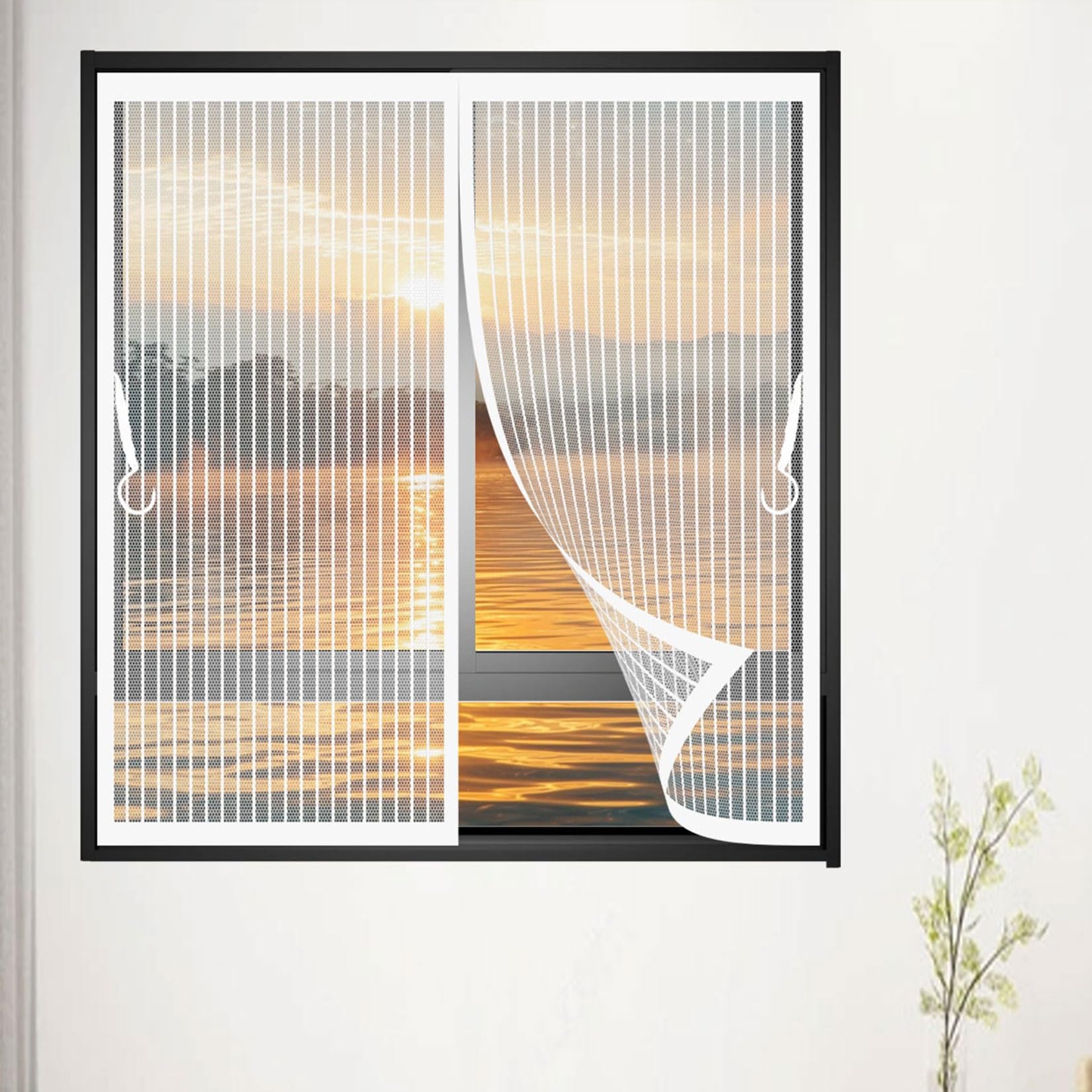 Mosquito Net for Windows 128 x 111 cm (Customizable) Closed by Magnets, Silent, Pet-Friendly, Insect Screen Door, with Full Frame Magic Tape for Living Room, Bedroom, White