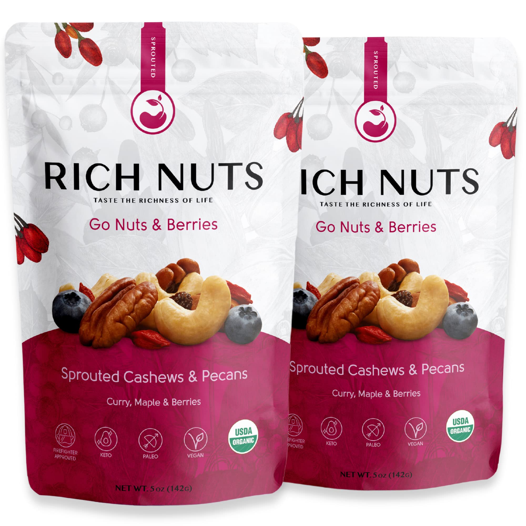 Rich Nuts Go Nuts & Berries Gourmet Sprouted Trail Mix | Includes Cashews, Pecans and Dried Berries | Vegan, Paleo and Keto | Non-Roasted, Dehyrdated, Germinated, Raw and Whole | 5 Oz Bag (2 Pack)USDA Organic