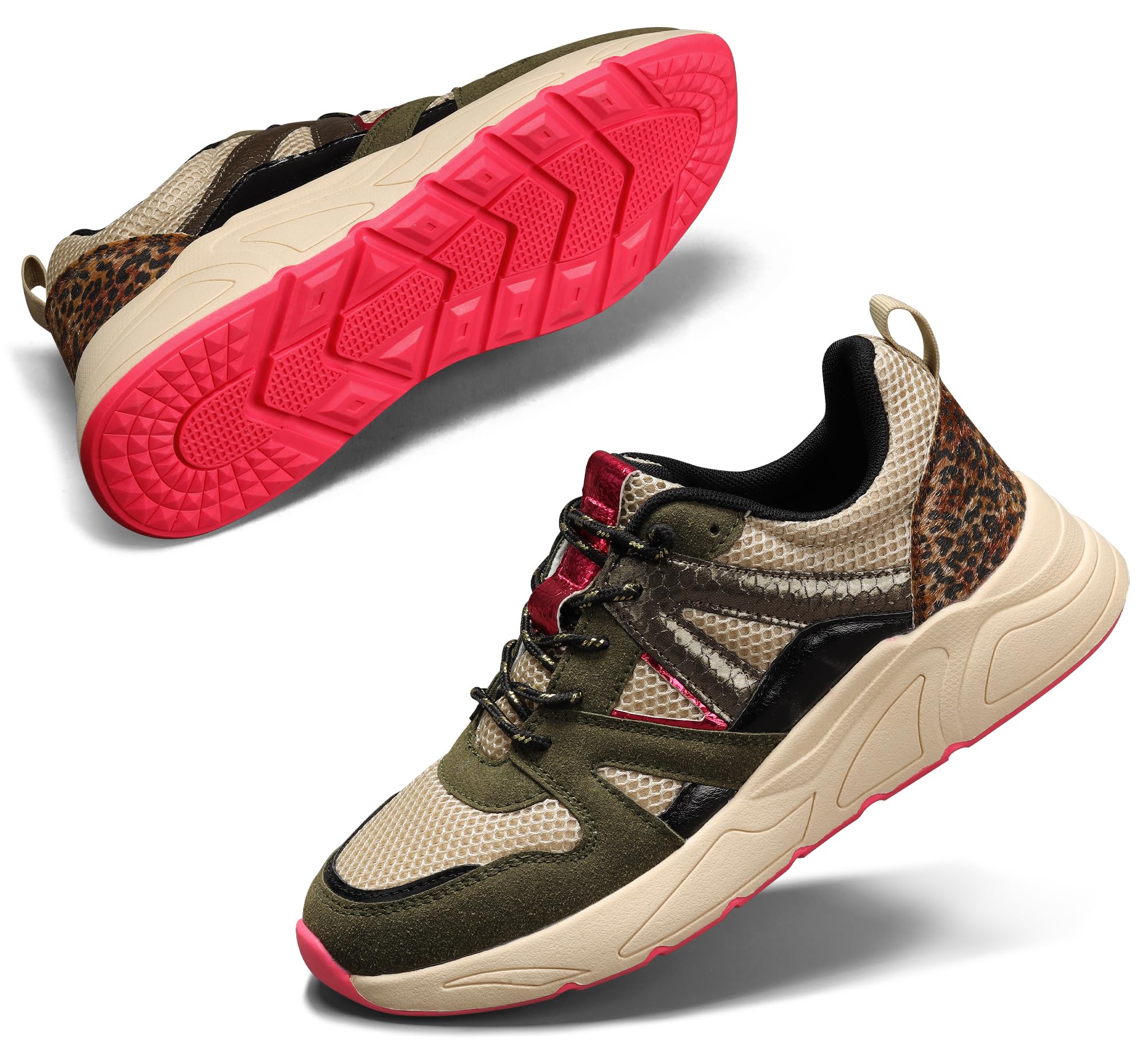 LUCKY STEP Damskie Sneakersy Platformowe Leopard Casual Tenisówki Kolorowe Chunky Buty Podróżne
