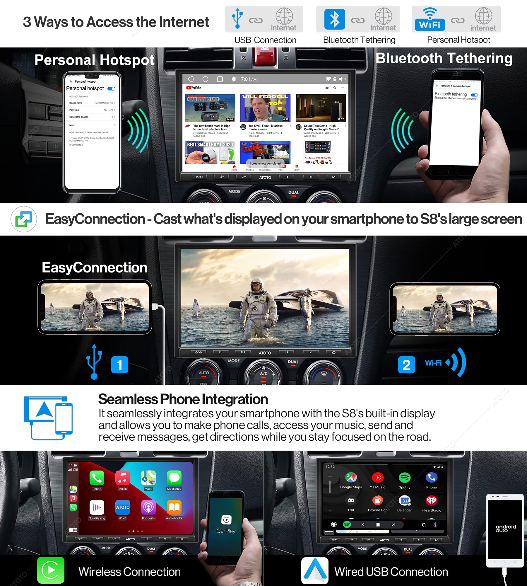 ATOTO S8 Standard SingleDin Car Stereo, Wireless CarPlay & Android