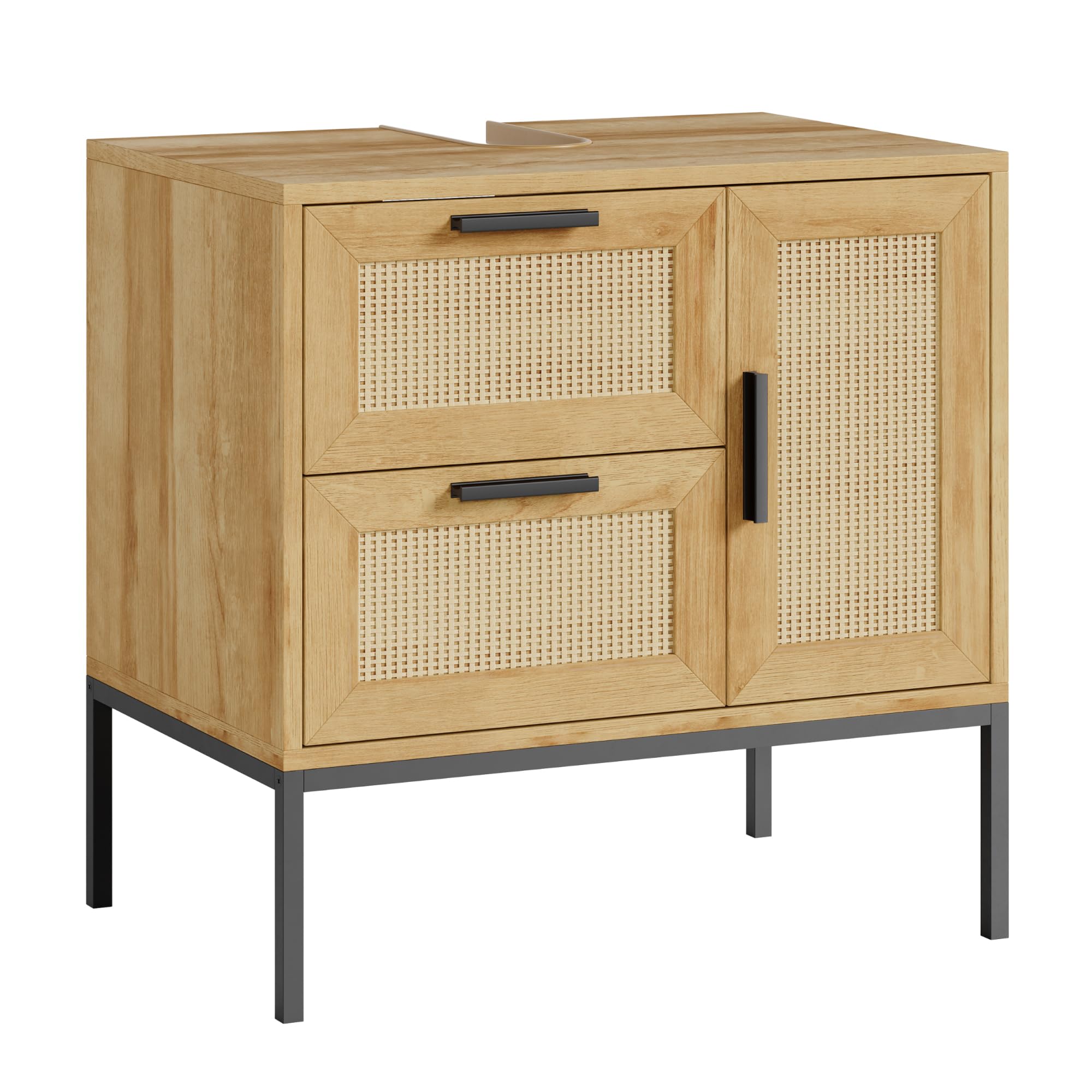 [en.casa] Meuble sous Lavabo avec 1 Porte et 2 Tiroirs avec Façade Effet Rotin Décoratif Structure Stable Métal Panneau de Particules Salle de Bain Toilette Buanderie 60 x 60 x 40 cm Effet Chêne Noir