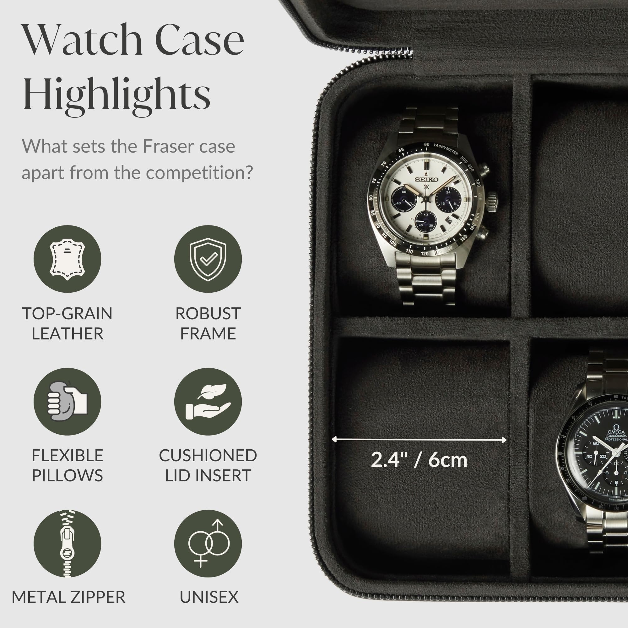 TAWBURY Custodia per orologi in pelle a 4 scomparti – Lussuosa custodia da viaggio nera da uomo | 4 orologi da viaggio da uomo