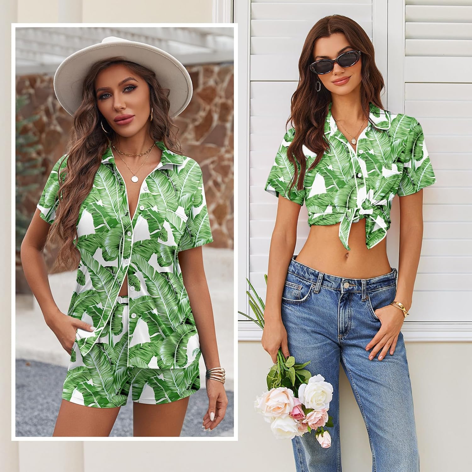 Ekouaer Womens Pajama Sets Button Down Lounge Set 2 Piece Loungewear Soft Sleepwear Short Sleeve Pjs with Pockets - Image 6