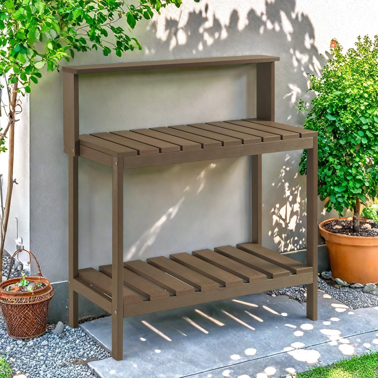 Efurden Mesa de banco para macetas, mesa para macetas al aire libre hecha de madera de polietileno, mesa de jardinería y estación de macetas, color marrón