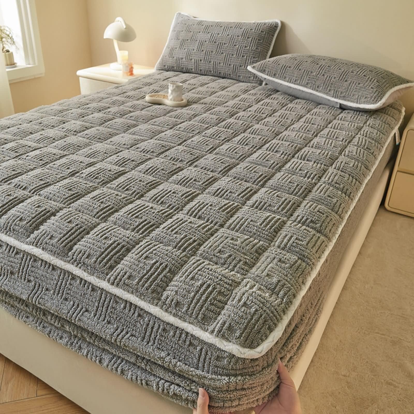 Sábana bajera ajustable para cama con somier, 200 x 220 cm, cálida, de terciopelo, monocolor, color gris claro, altura del colchón hasta 5-25 cm, sin funda de almohada