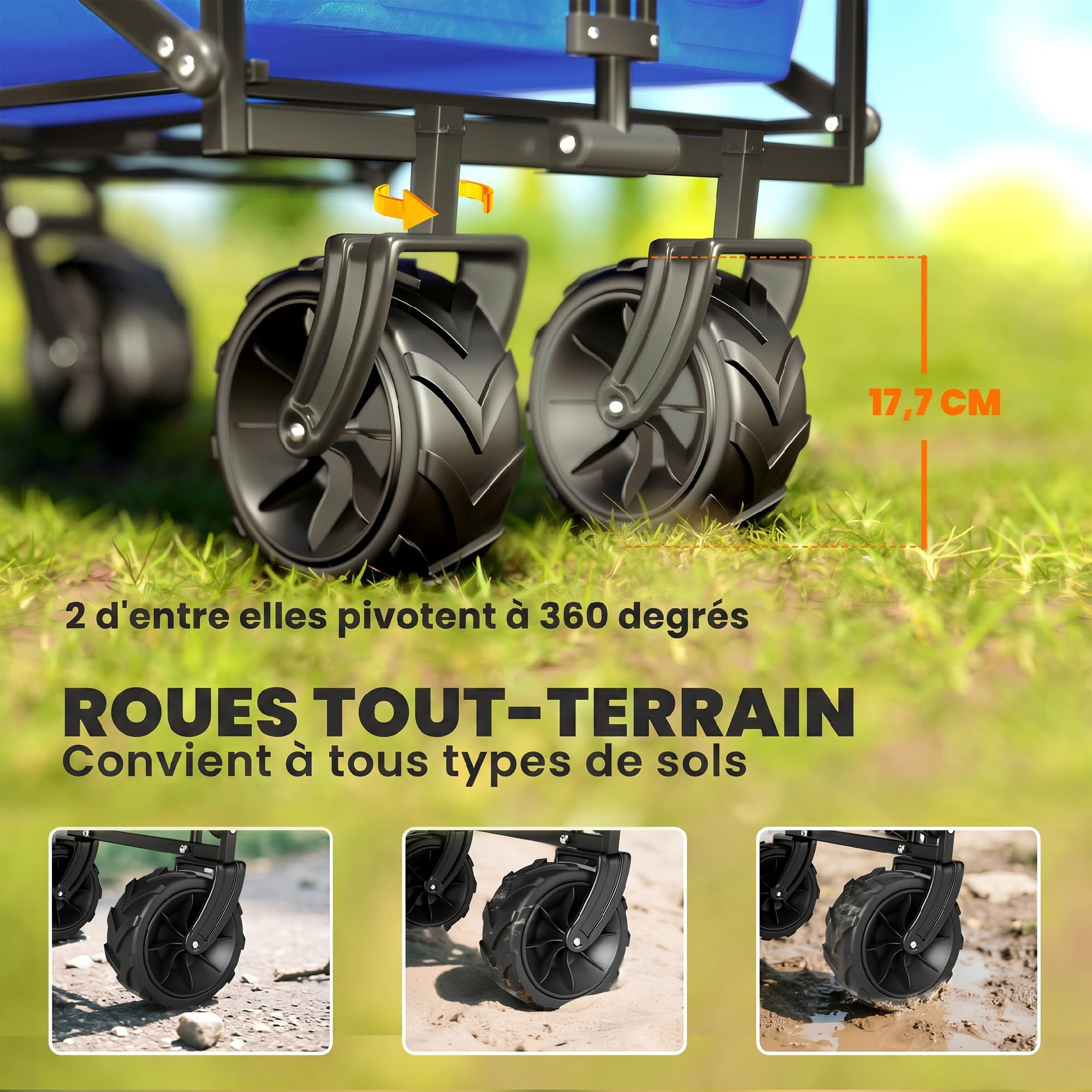 Outsunny Chariot de Transport Pliant avec Toit, poignée, Panier, Bleu | Chariot à roulettes plage Tout-terrain, charge 68 kg, acier Oxford