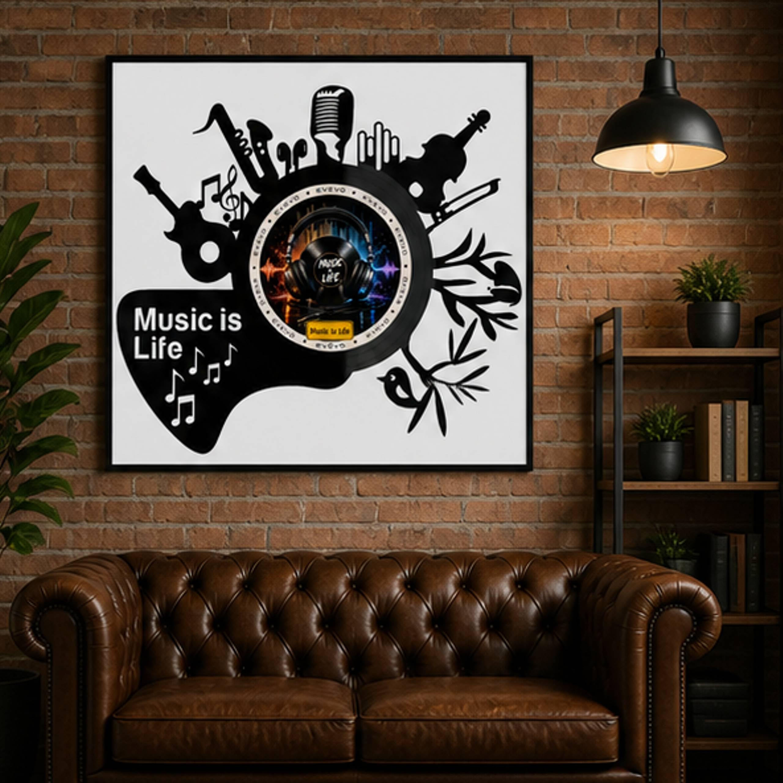 EVEVO Decorazione da parete in vinile, con cornice, 32 x 32 cm, motivo: Music is Life, idea regalo per musicisti e amanti della musica