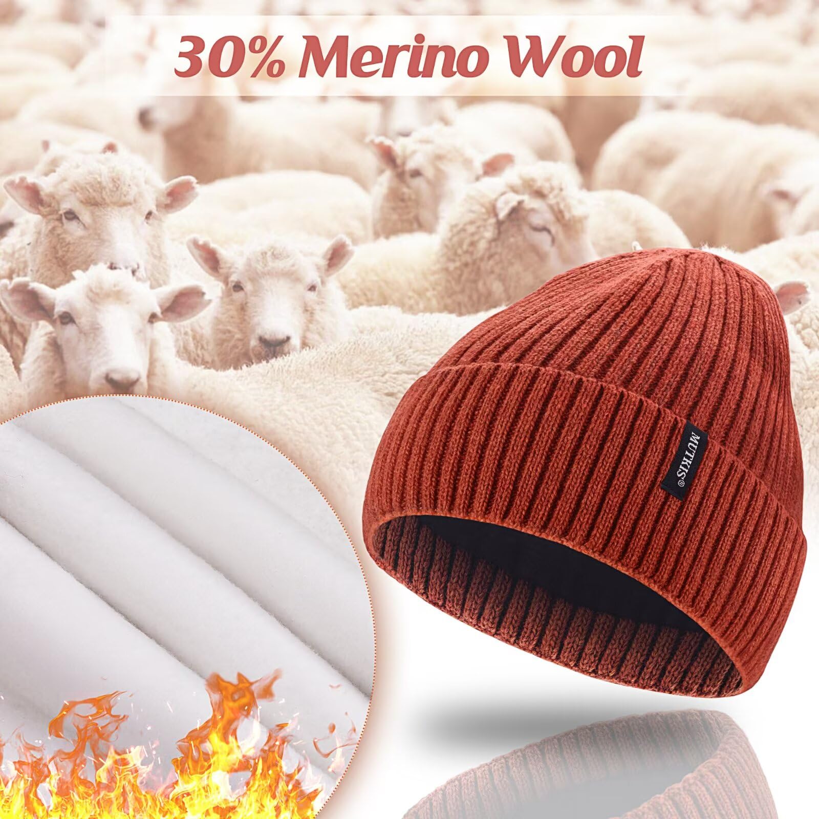Gorro de punto para hombre, 30 % lana merino, sombreros de invierno para mujer, forro grueso y cálido, gorro para mujer, gorro de calavera para clima frío