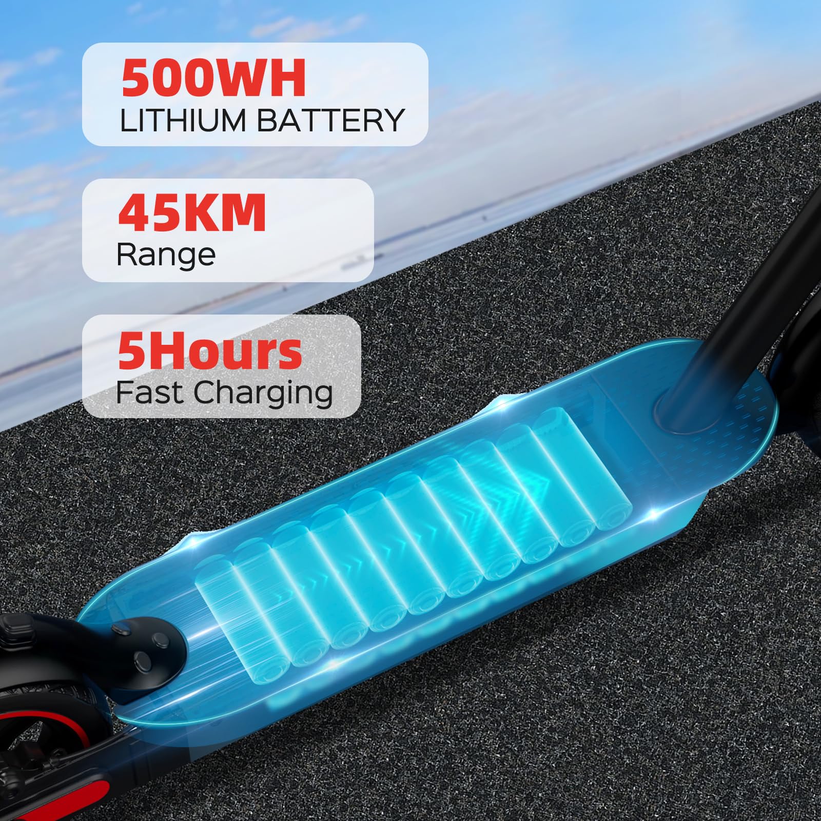 Monopattino Elettrico per Adulti, Pneumatici 10", Motore Potente 500W, Autonomia fino a 45 km, Velocità Massima 25 km/h, Doppio Sistema di Illuminazione e Freni a Tamburo, Controllo via App Smart