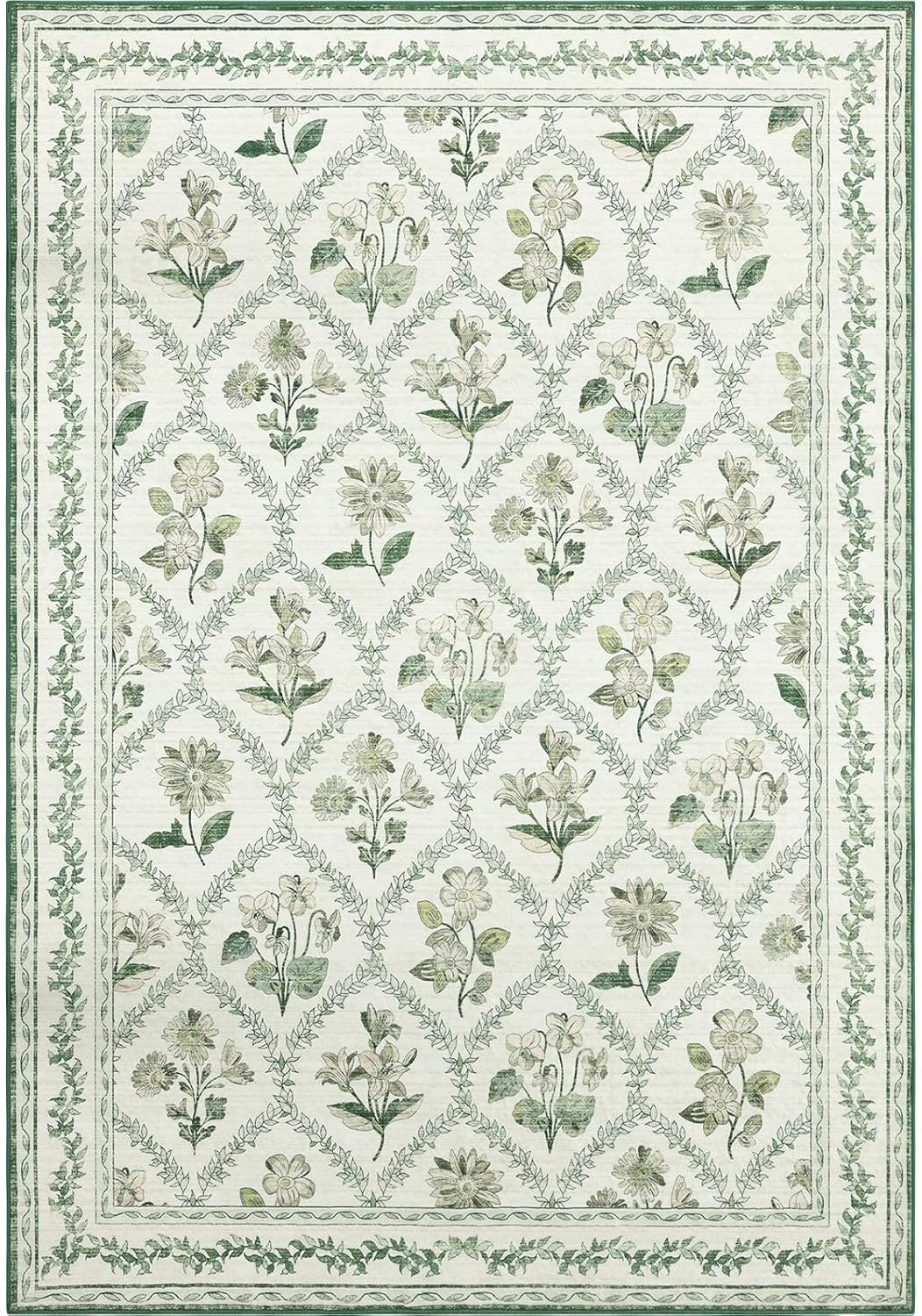 Tappeto Salotto Grandi 160 x 230 cm Tappeto Corridoio Antiscivolo Morbido Pelo Corto Tappeti per cucina Pranzo Soggiorno Camera da Letto Floral Traditional Geometric Green White