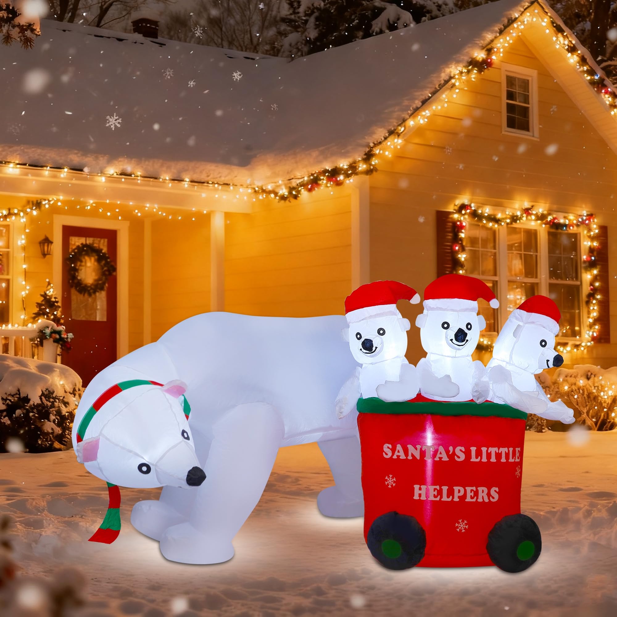 DR.DUDU Oso polar inflable de Navidad de 7 pies con sombrero de Papá Noel, oso de Navidad inflable decoraciones al aire libre para césped, jardín, patio, fiesta de Navidad