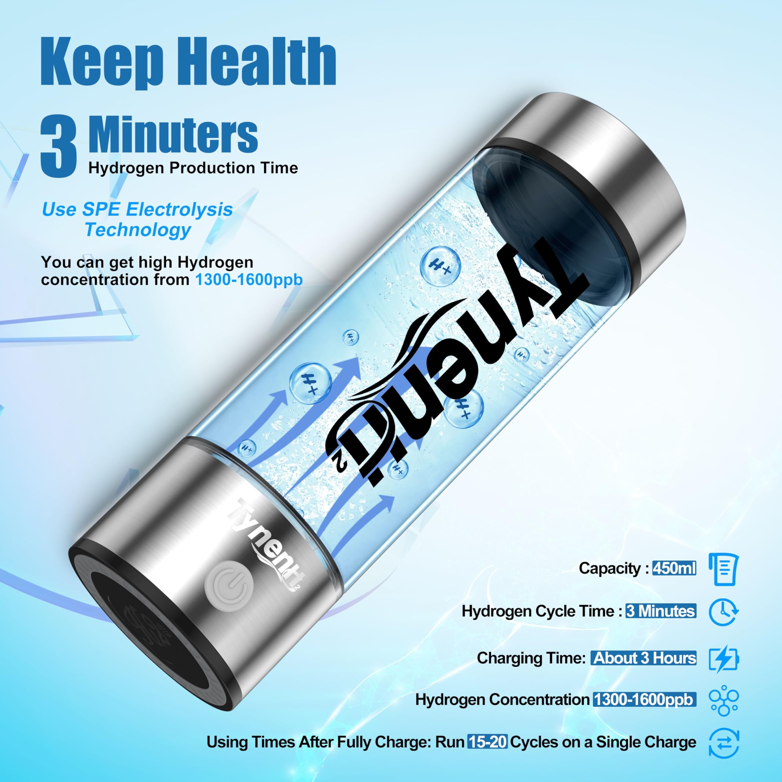 Glass Hydrogen Water Bottle 450ml for Water,Hydrogen Water Bottle Generator,Hydrogen Water Machine with SPE PEM Technology Water Ionizer for Daily Drinking