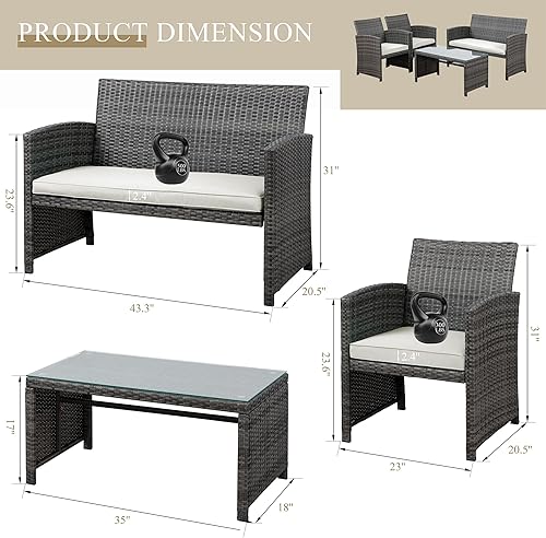 Miniatura 9 de JAMFLY Juego de muebles de patio de 4 piezas, juego de muebles para exteriores, juego de conversación de mimbre con cojines y mesa de vidrio