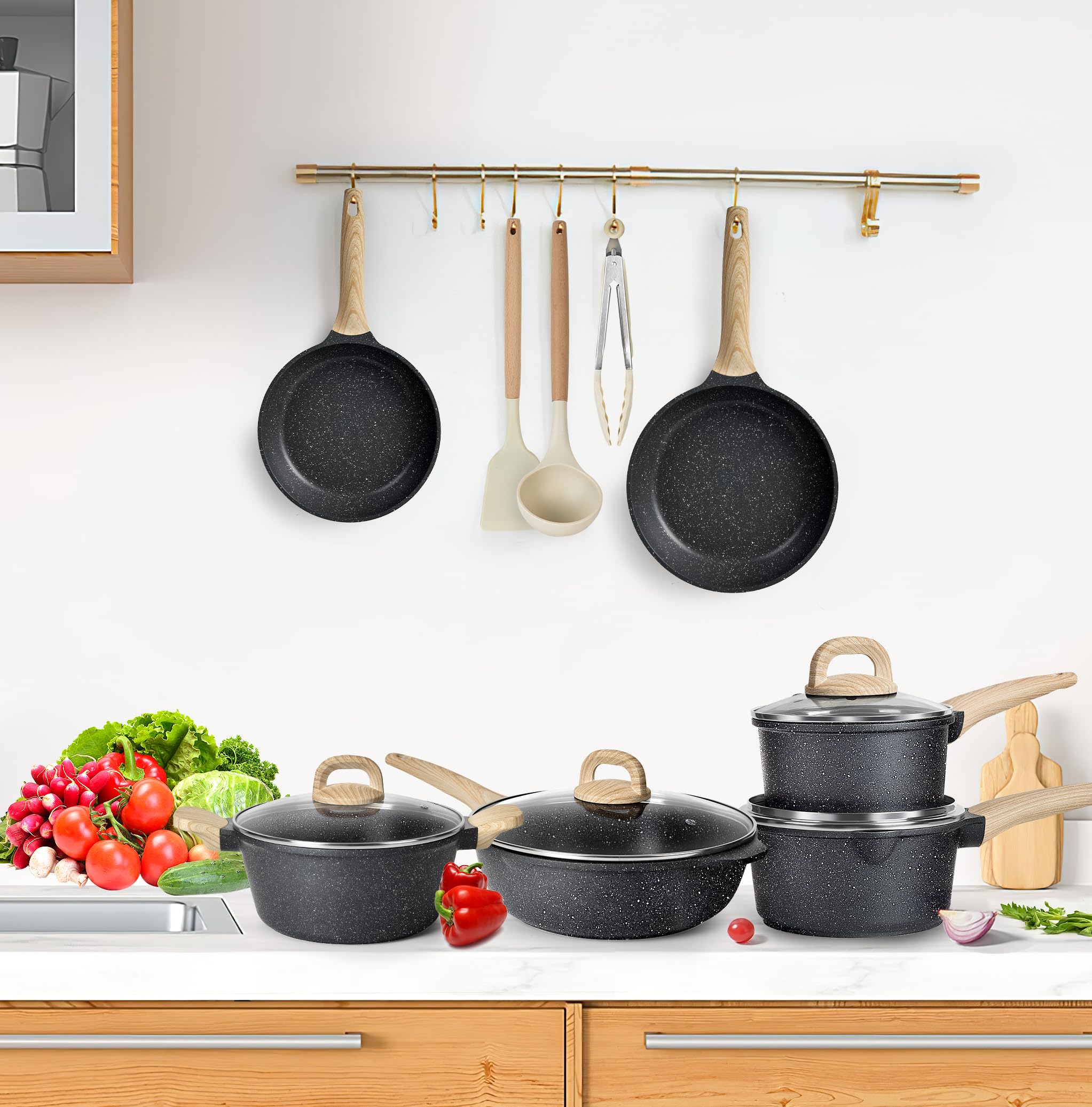 Terlulu Topfset Induktion - Pfannenset mit deckel - Induktions Töpfe Set, 13-teiliges Schwarze Granit Kochtöpfe Set, Antihaft Töpfe und Pfannen Set ohne PFOA & PFOS Free