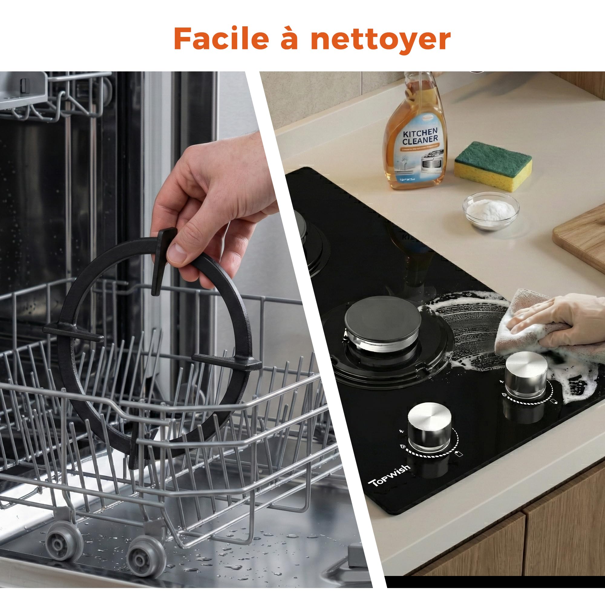 TOPWISH plaque de cuisson gaz 2 feux, plaque gaz 2 feux encastrable, table de cuisson 30cm, NG/LPG décapotable, protection d'extinction, allumage automatique, 4750 Watt