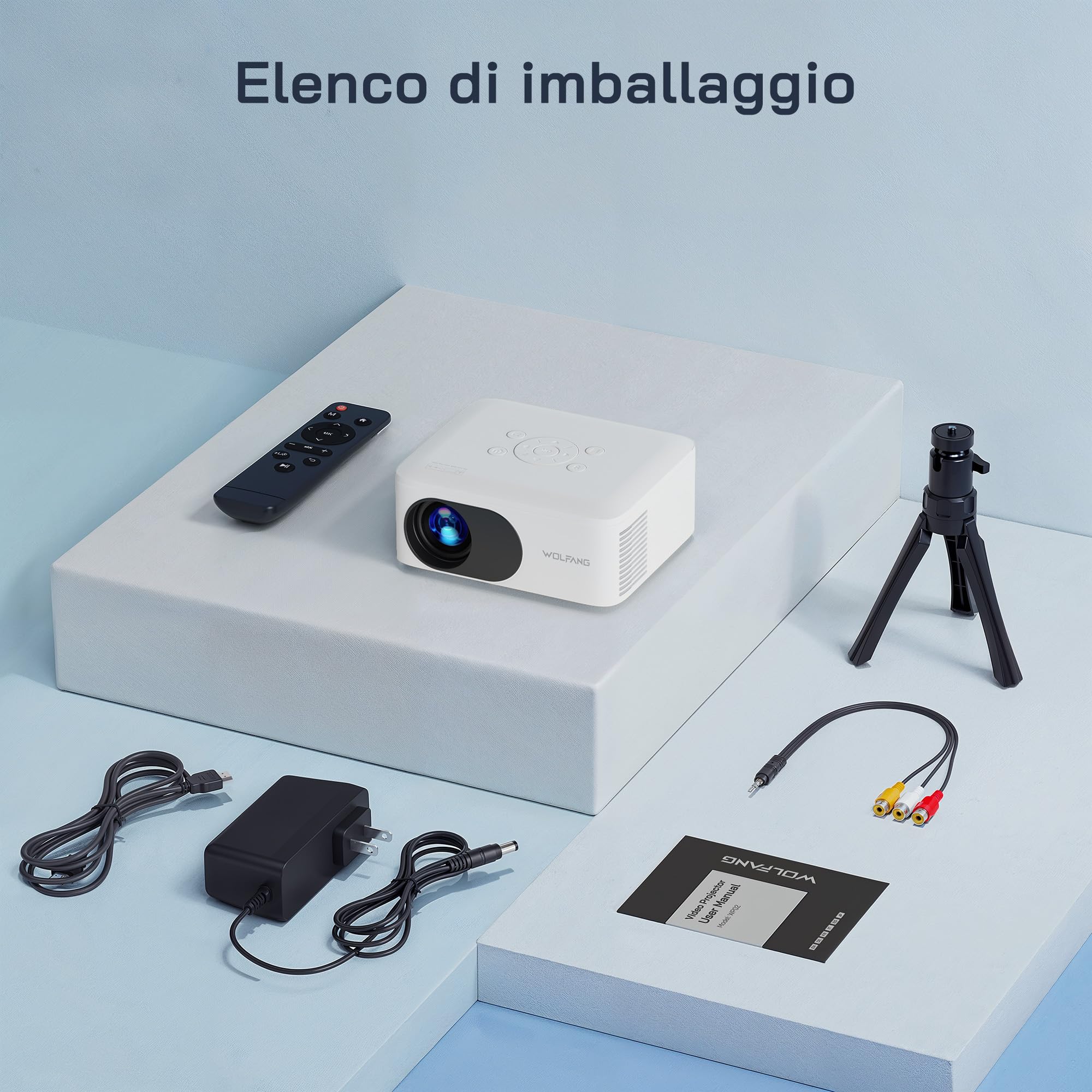 WOLFANG Mini Proiettore con Treppiede, Proiettore Portatile 1080P Full HD Supporto, Videoproiettore per Home, ±15° Keystone, 25% Zoom, Compatibile con iOS/Android/Tablet/HDMI/TV Stick/USB/TF