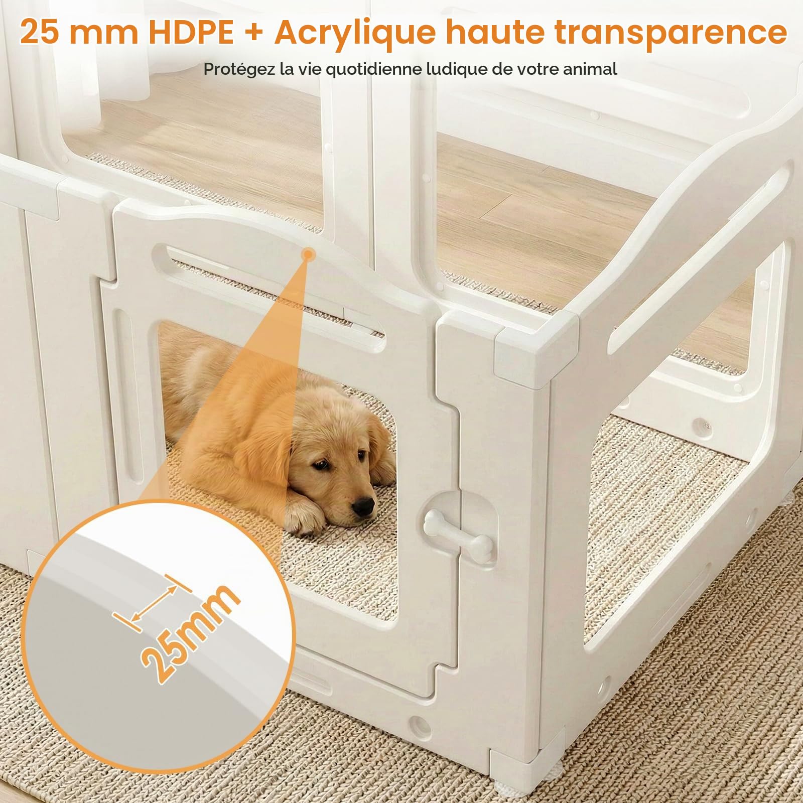 MAMIZO Parc pour Chiot en Acrylique 129 × 68× 60 cm, Enclos pour Chien | 6 PCS Parc Chien Interieur avec Ventouses, Panneaux Caisse Mise Bas pour Chiots avec Porte Verrouillable, Blanc